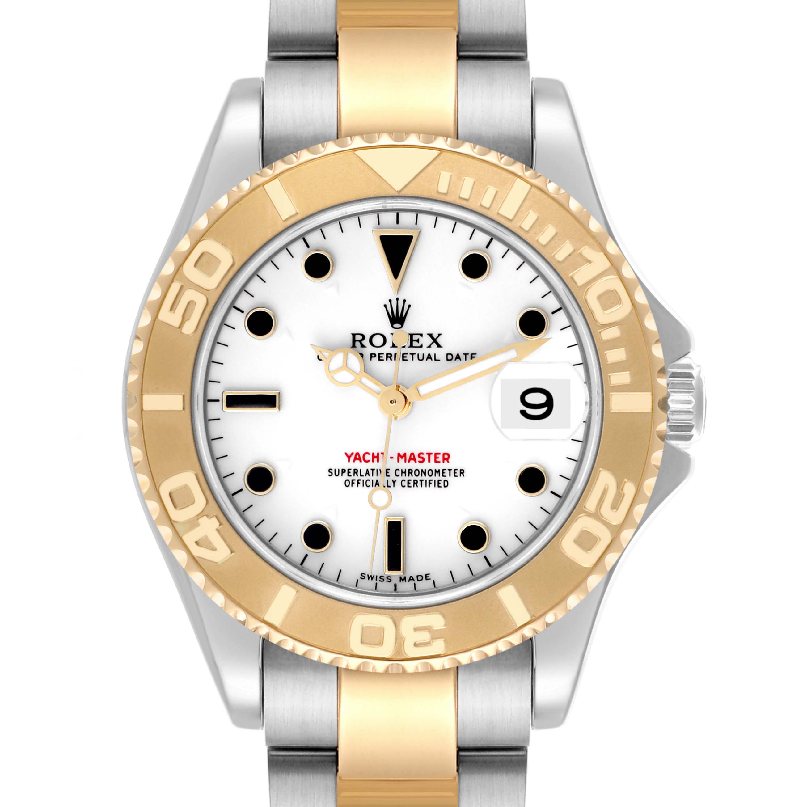 The Rolex Yacht-Master 168623 Men
s Steel and Gold (two tone) White Dial 168623 Men
s Steel and Gold (two tone) White Dial watch is shown from a front view, highlighting its bezel, dial, and bracelet.