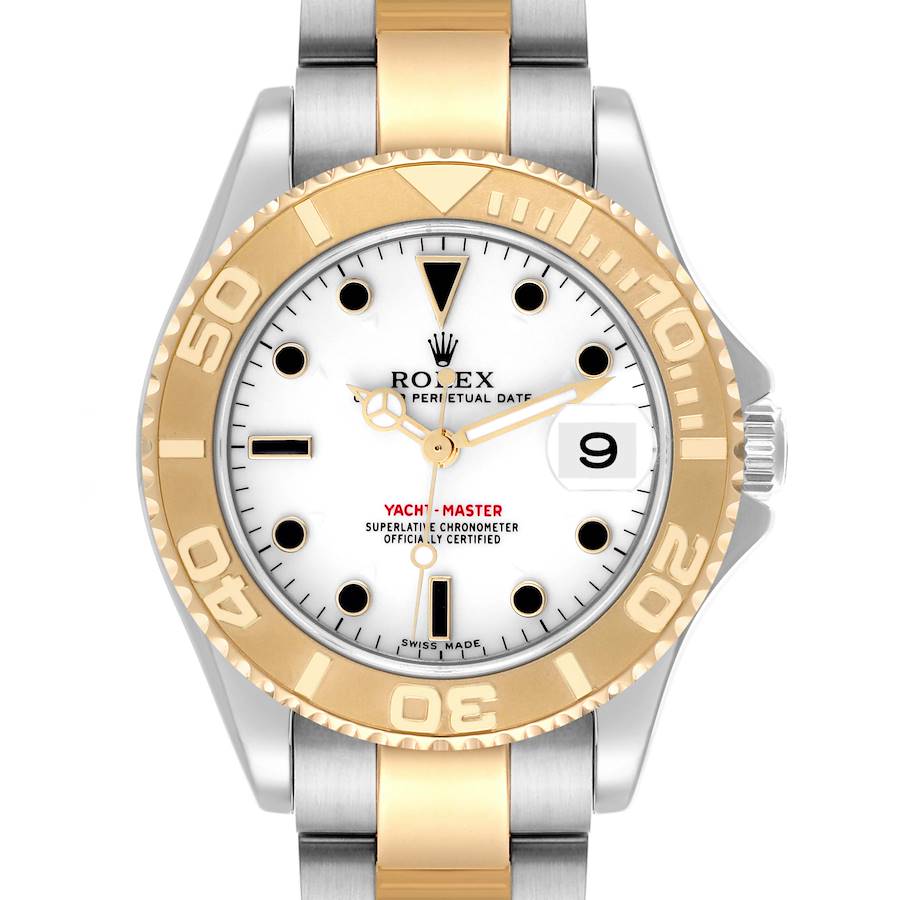 The Rolex Yacht-Master watch is shown from a front view, highlighting its bezel, dial, and bracelet.