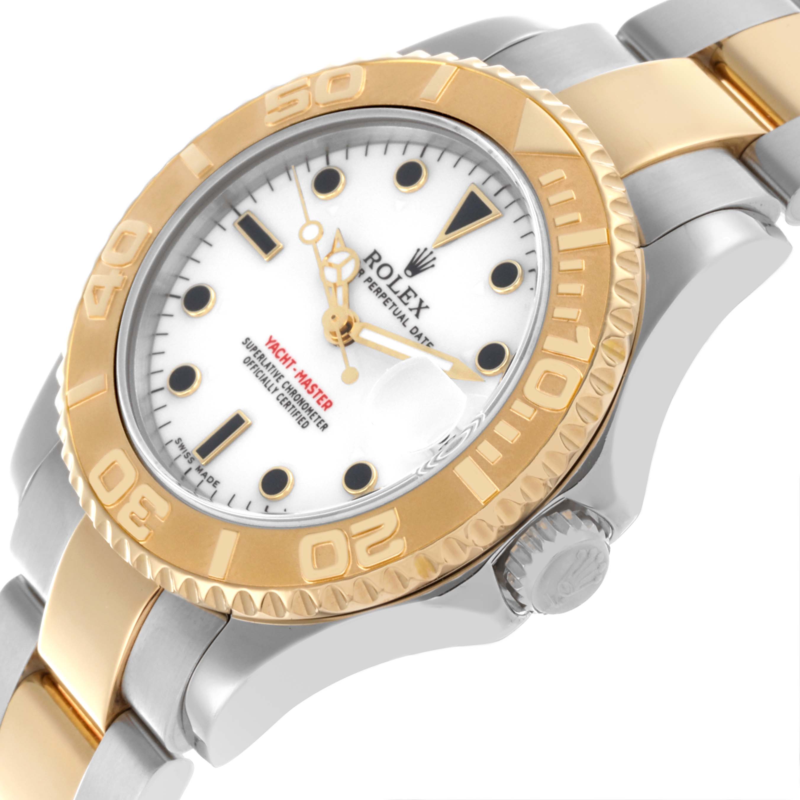 The Rolex Yacht-Master 168623 Men
s Steel and Gold (two tone) White Dial 168623 Men
s Steel and Gold (two tone) White Dial watch is shown at an angle highlighting the gold bezel, dial, and part of the bracelet.