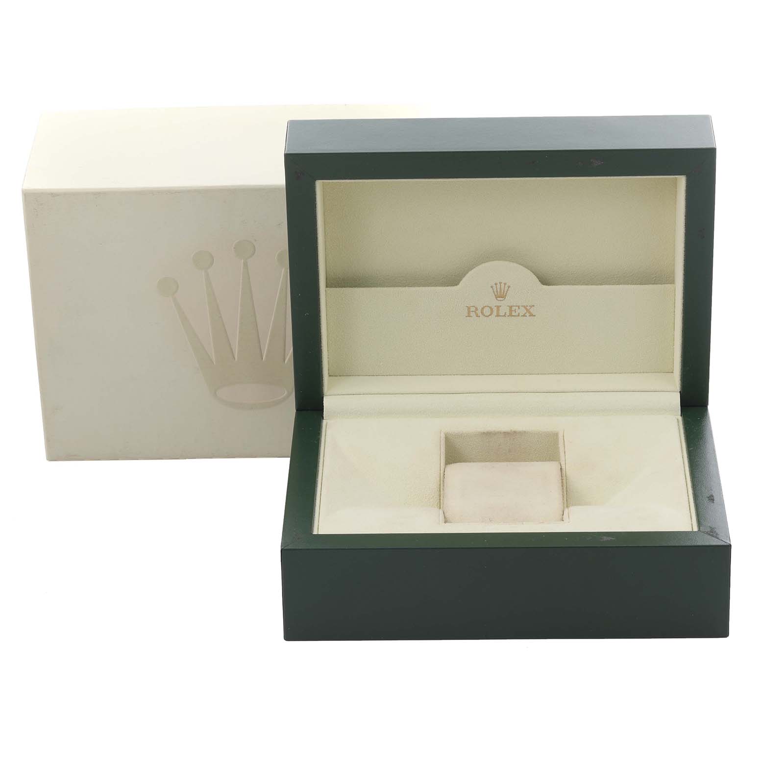 This image shows a Rolex Yacht-Master 168623 Men
s Steel and Gold (two tone) White Dial 168623 Men
s Steel and Gold (two tone) White Dial watch box and outer packaging, photographed from the front angle.