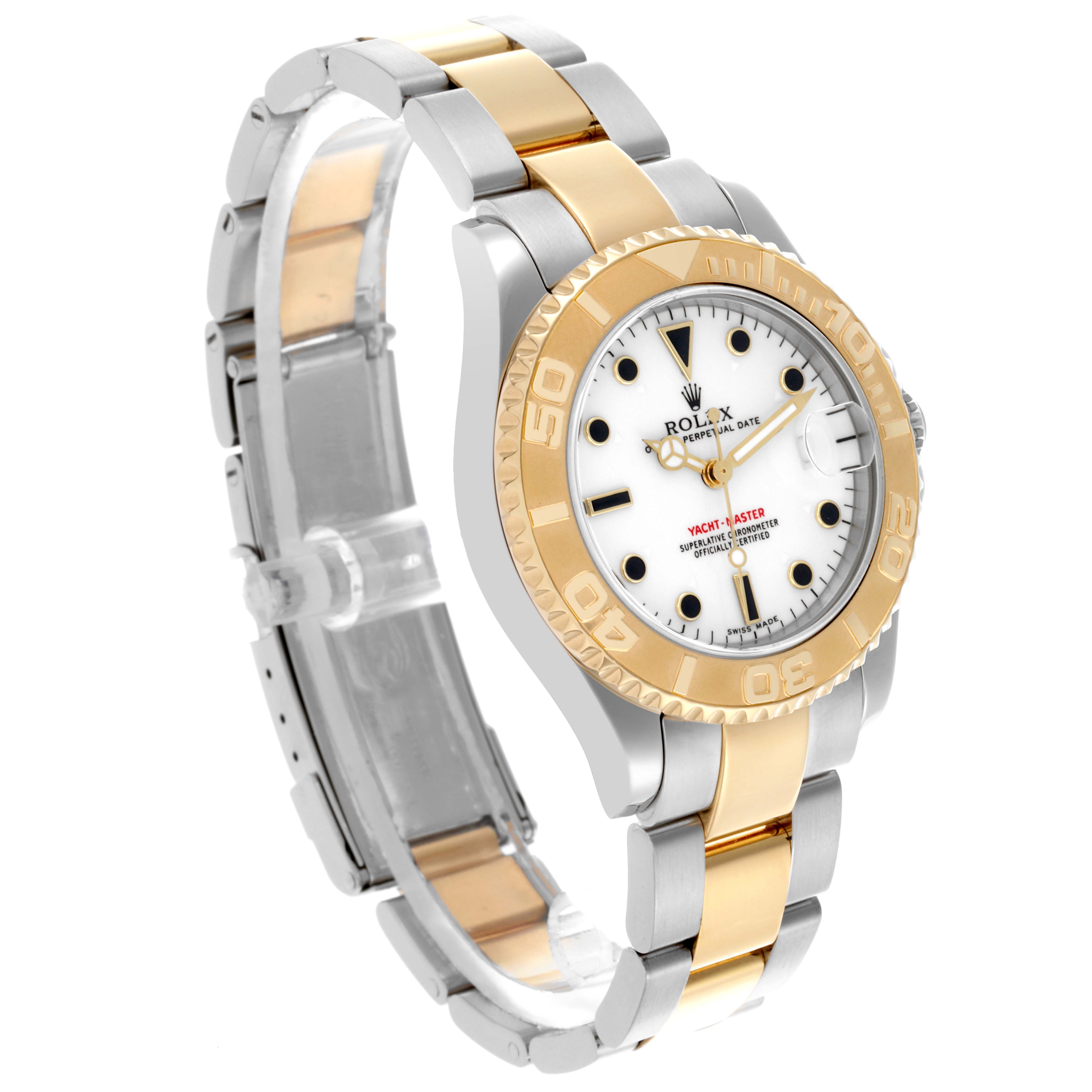 The Rolex Yacht-Master 168623 Men
s Steel and Gold (two tone) White Dial 168623 Men
s Steel and Gold (two tone) White Dial watch is shown at a slightly tilted angle, highlighting the bezel, dial, and two-tone bracelet.
