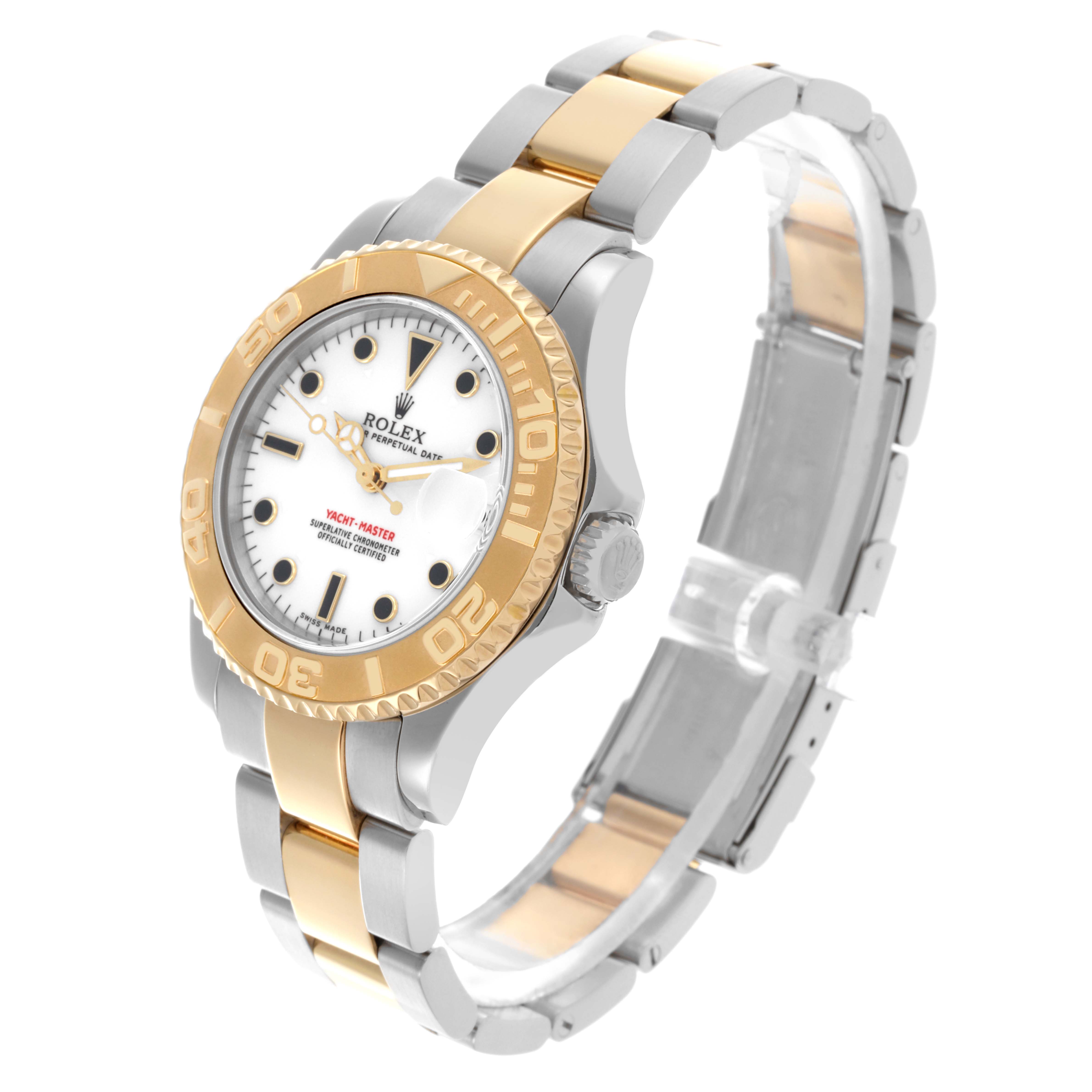The Rolex Yacht-Master 168623 Men
s Steel and Gold (two tone) White Dial 168623 Men
s Steel and Gold (two tone) White Dial watch is shown at a three-quarter angle, highlighting the bezel, dial, and bracelet.