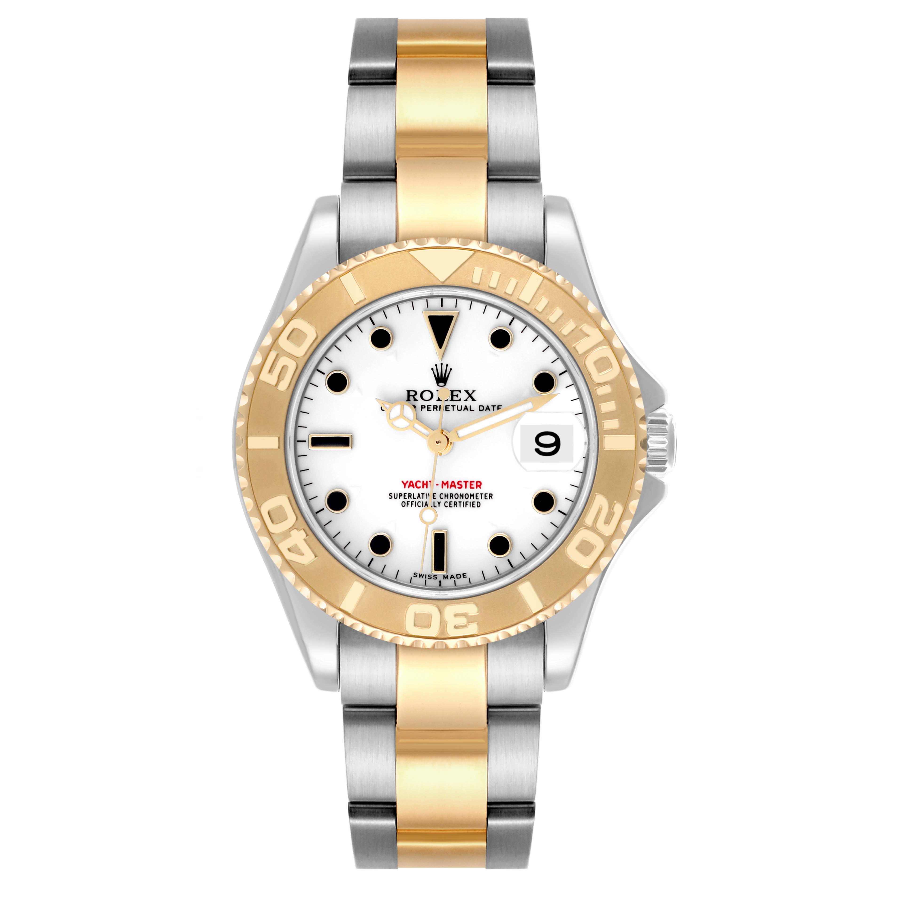 The Rolex Yacht-Master 168623 Men
s Steel and Gold (two tone) White Dial 168623 Men
s Steel and Gold (two tone) White Dial watch is shown from a direct front angle, highlighting its dial, bezel, and bracelet.