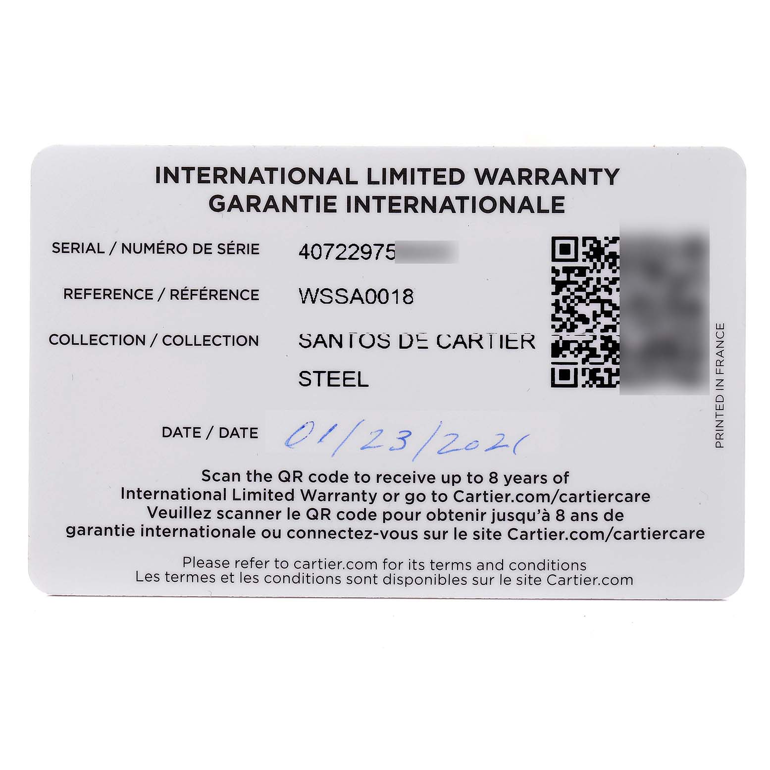 The image shows the International Limited Warranty card for a Cartier Santos WSSA0018 Men's Stainless Steel Silver Dial WSSA0018 Men's Stainless Steel Silver Dial watch model WSSA0018.