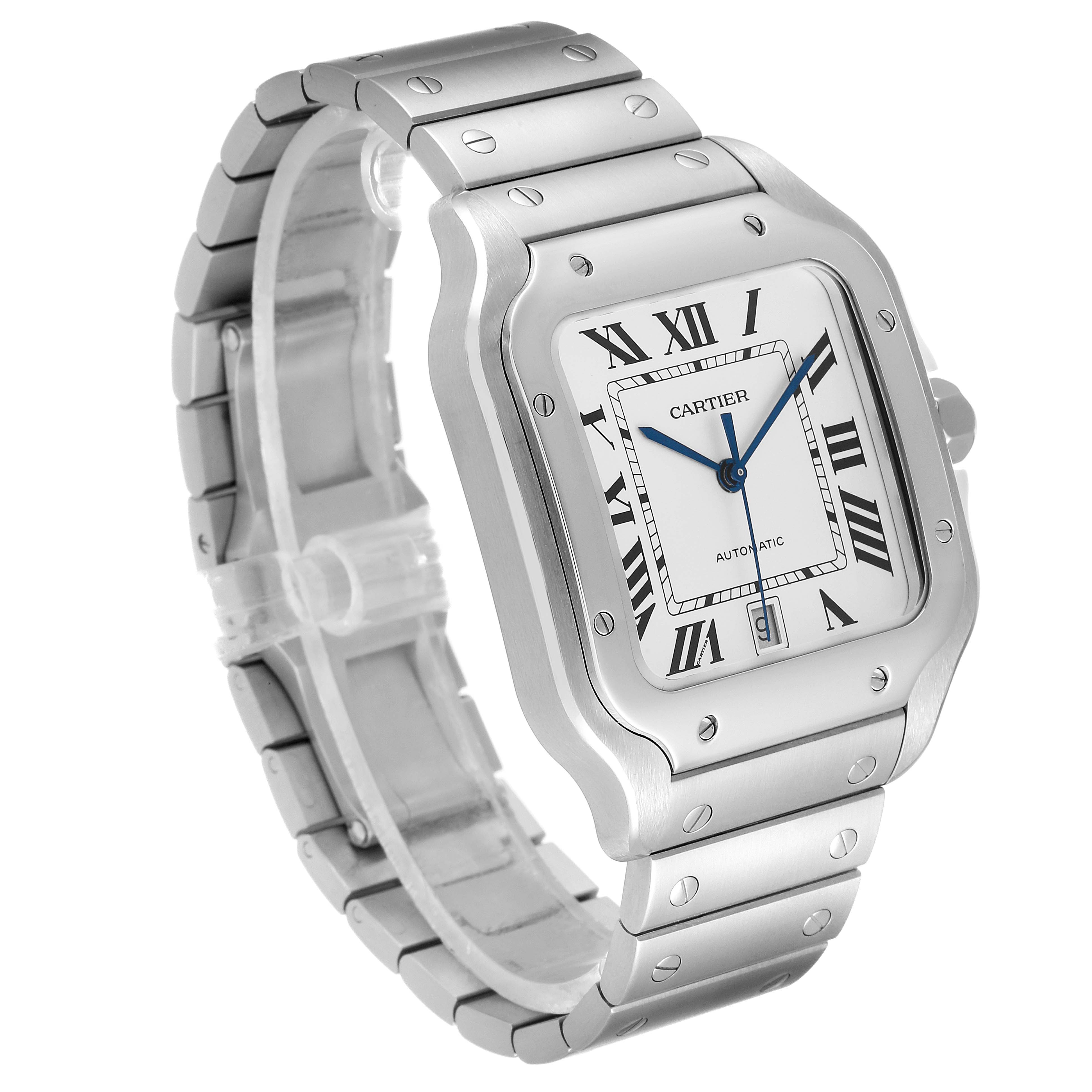 The Cartier Santos WSSA0018 Men's Stainless Steel Silver Dial WSSA0018 Men's Stainless Steel Silver Dial watch is depicted at a three-quarter angle, showing its face, bezel, bracelet, and part of the clasp.