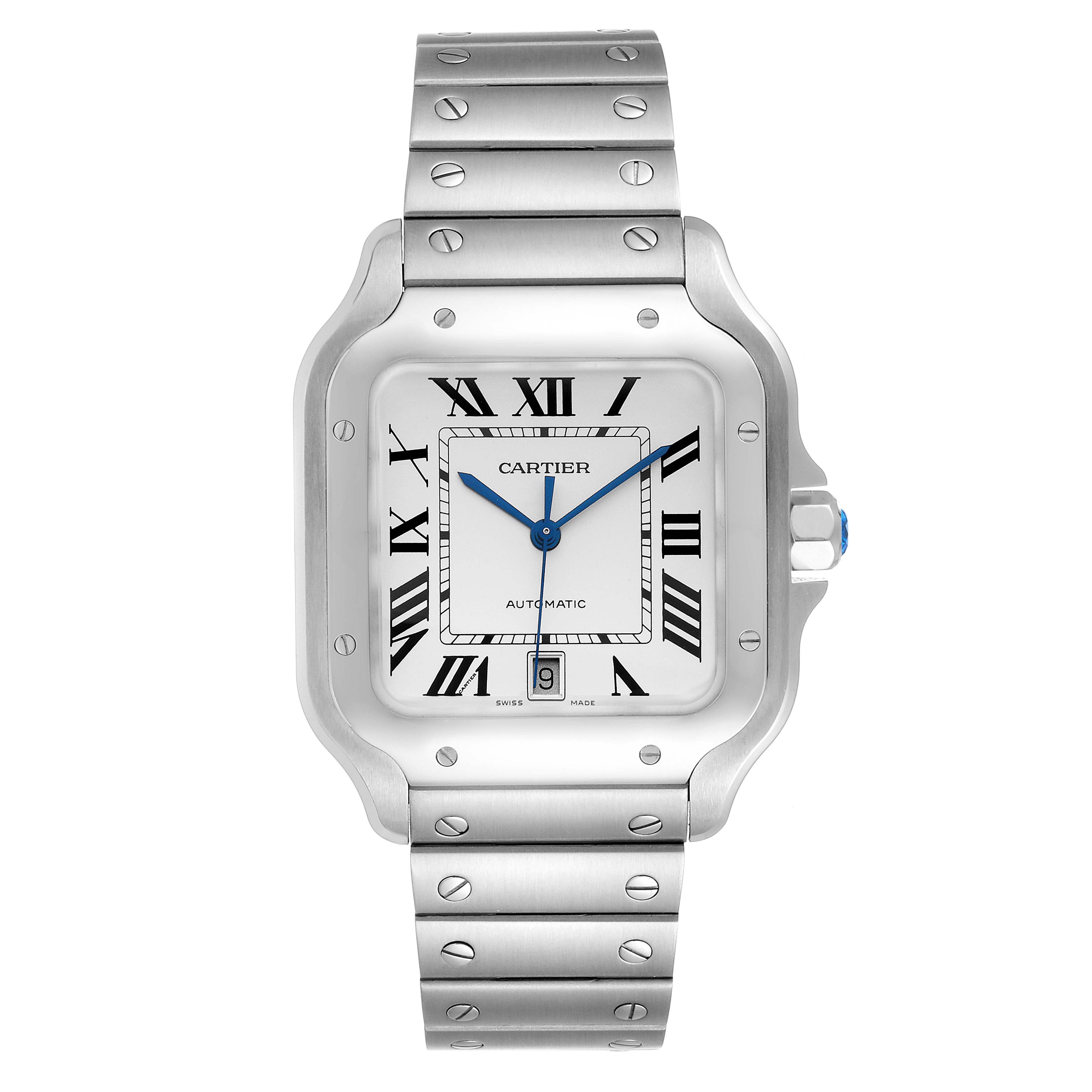 The image shows a front view of the Cartier Santos WSSA0018 Men's Stainless Steel Silver Dial WSSA0018 Men's Stainless Steel Silver Dial watch, including the dial, bezel, and bracelet.