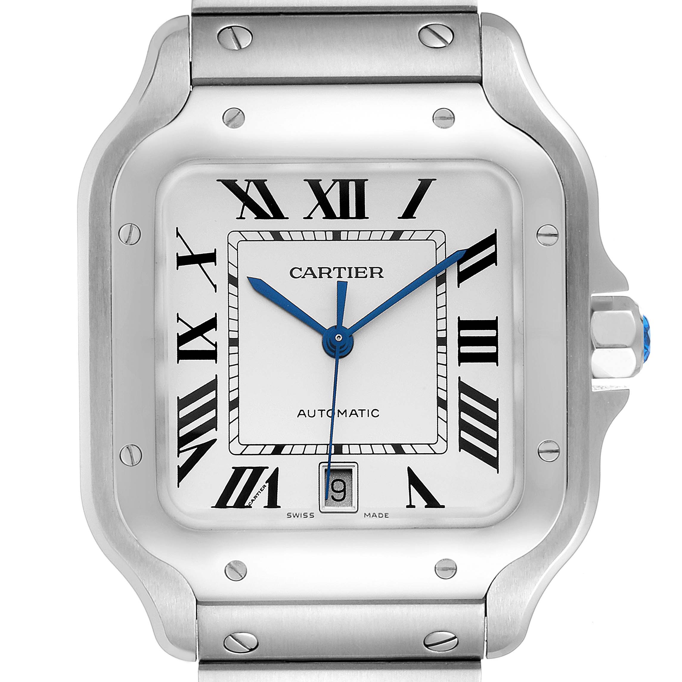The image shows a frontal view of the Cartier Santos WSSA0018 Men's Stainless Steel Silver Dial WSSA0018 Men's Stainless Steel Silver Dial watch, highlighting the dial, case, crown, and part of the bracelet.