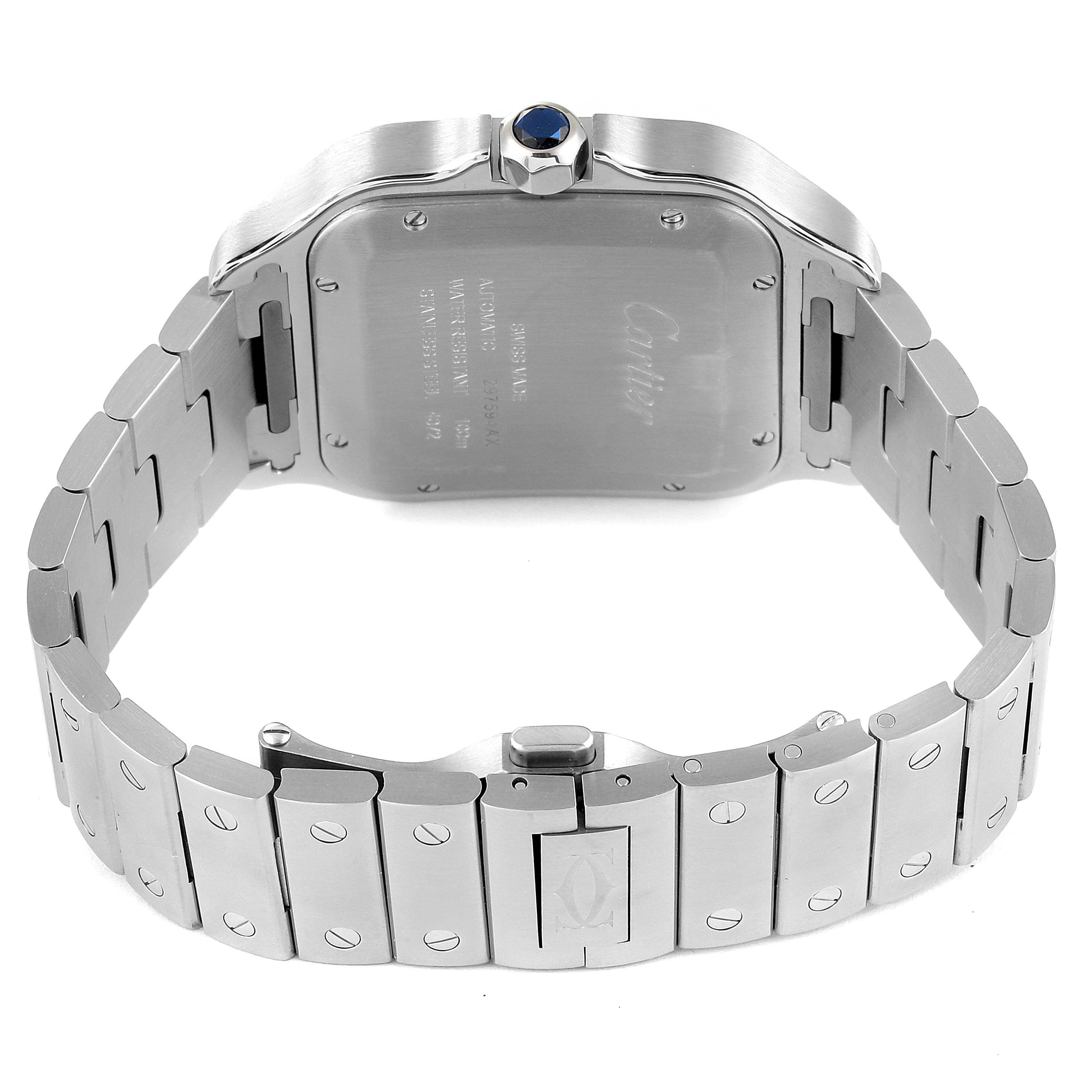The image shows the back case and bracelet of a Cartier Santos WSSA0018 Men's Stainless Steel Silver Dial WSSA0018 Men's Stainless Steel Silver Dial watch, including the clasp and crown.