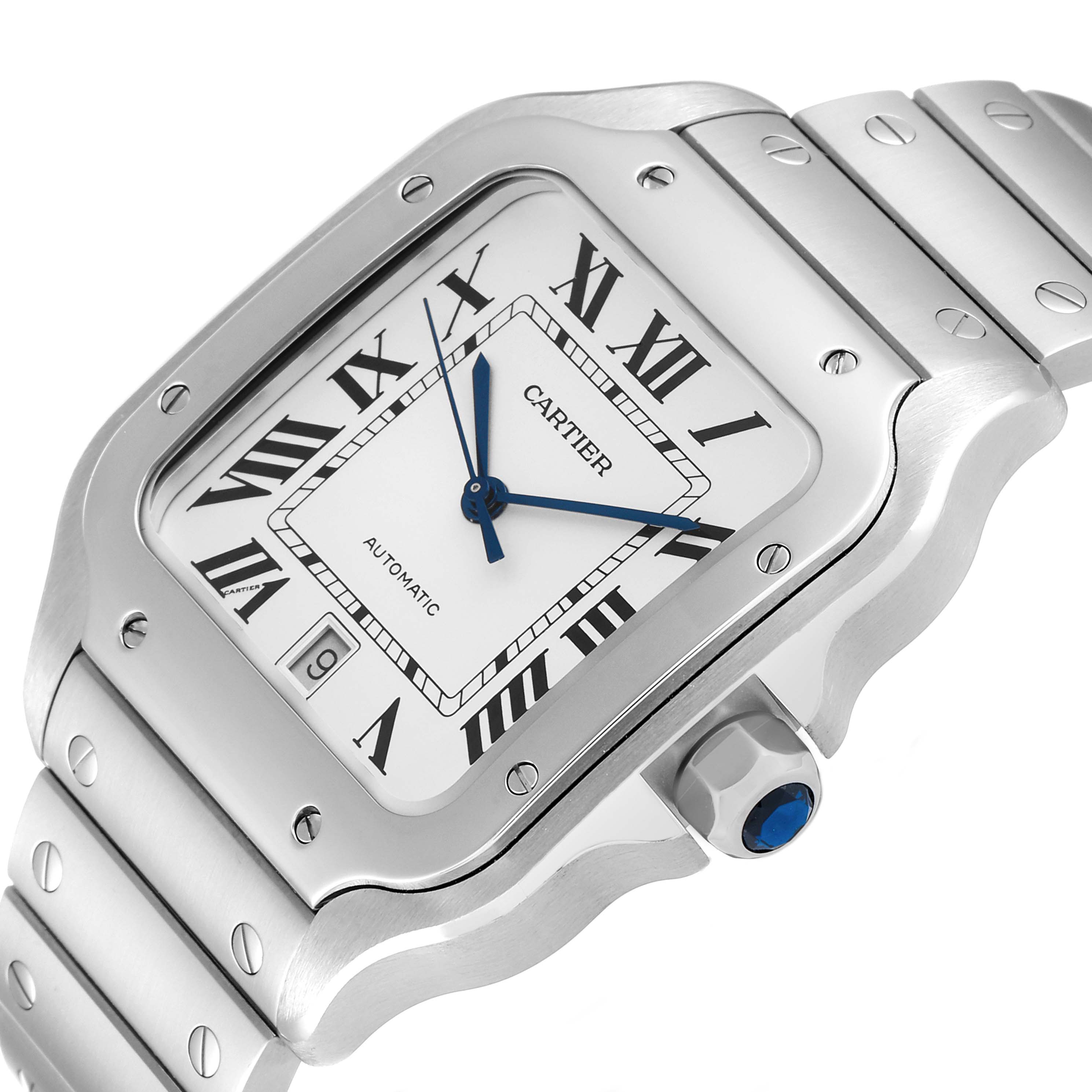 This Cartier Santos WSSA0018 Men's Stainless Steel Silver Dial WSSA0018 Men's Stainless Steel Silver Dial watch is shown at an oblique angle, highlighting its face, bezel, crown, and part of the metal bracelet.