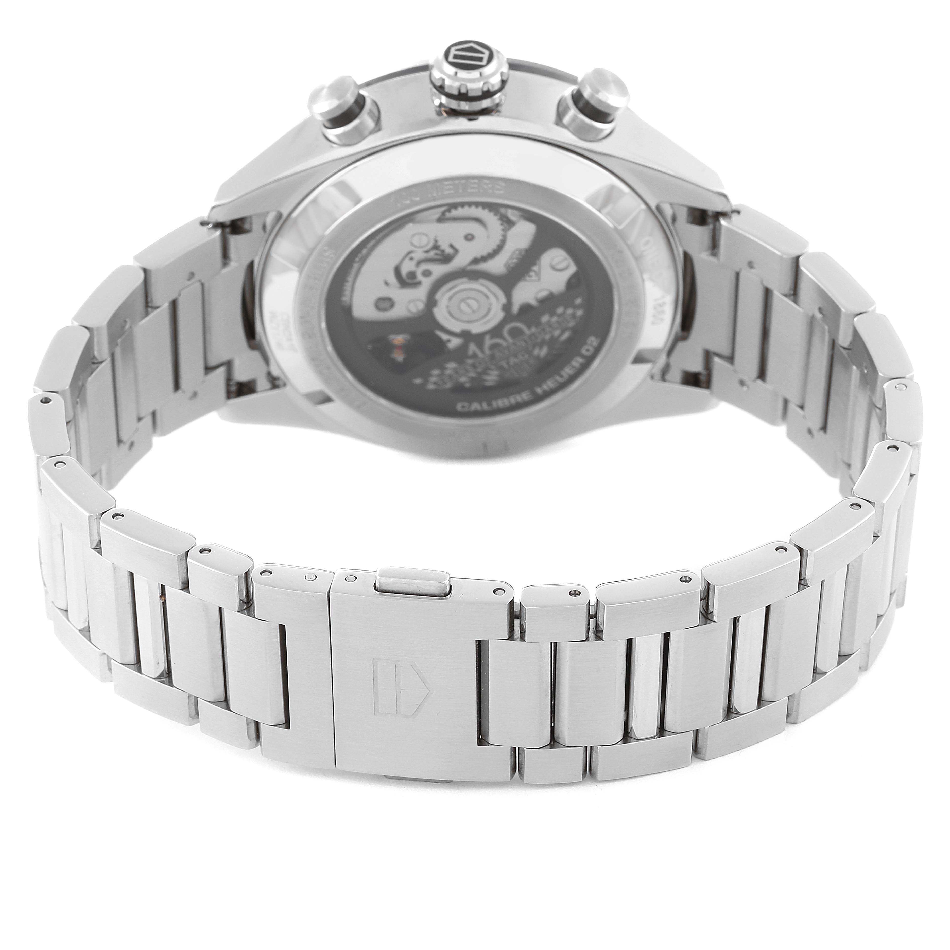 The image shows the Tag Heuer Carrera CBN2A1E.BA0643 Men
s Stainless Steel Blue Dial CBN2A1E.BA0643 Men
s Stainless Steel Blue Dial watch
s back and bracelet clasp from a rear angle.