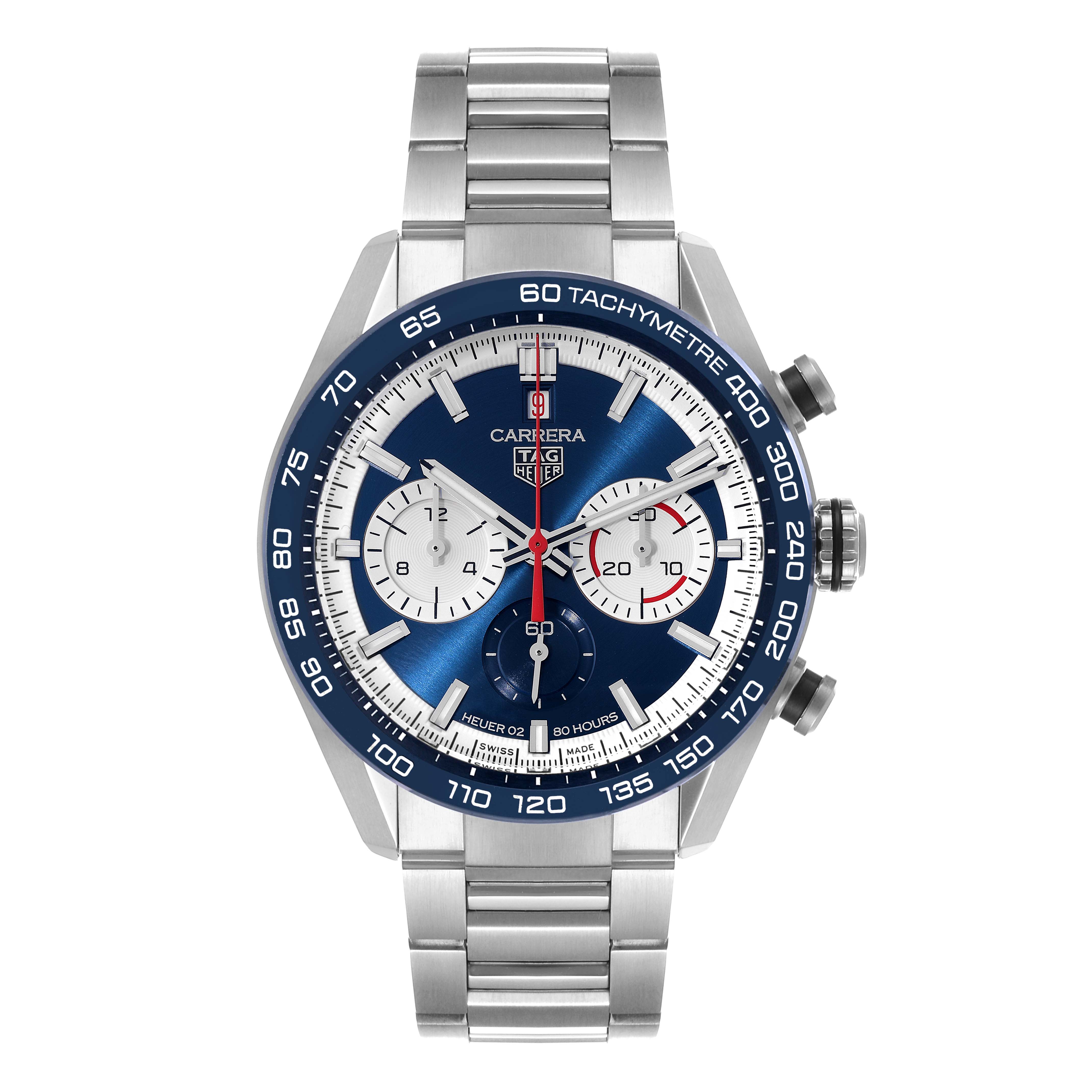 This image shows a full front view of the Tag Heuer Carrera CBN2A1E.BA0643 Men
s Stainless Steel Blue Dial CBN2A1E.BA0643 Men
s Stainless Steel Blue Dial watch with a stainless steel bracelet and blue tachymeter bezel.