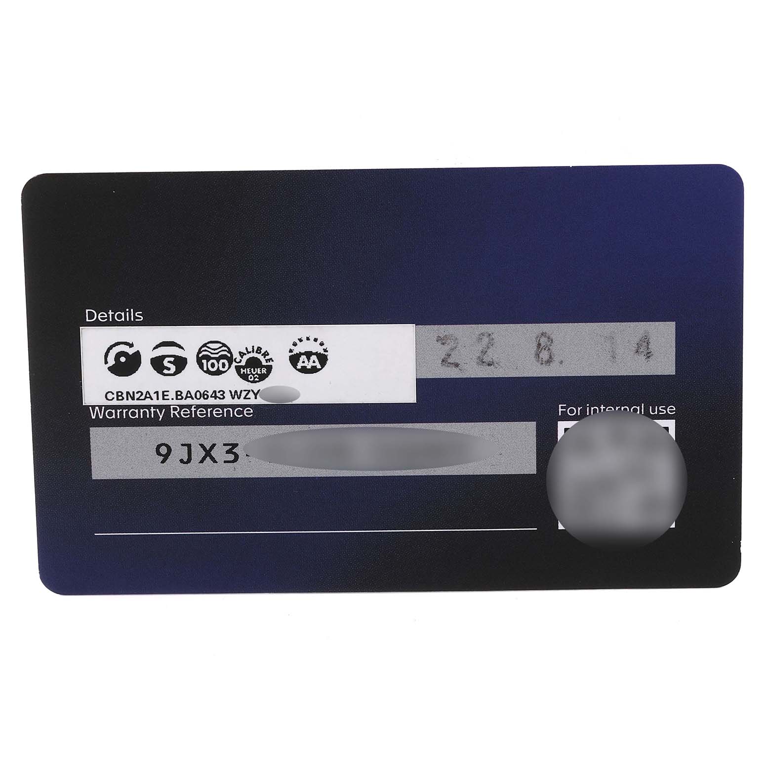 This image shows the warranty card for a Tag Heuer Carrera CBN2A1E.BA0643 Men
s Stainless Steel Blue Dial CBN2A1E.BA0643 Men
s Stainless Steel Blue Dial watch model, displaying details and reference numbers.