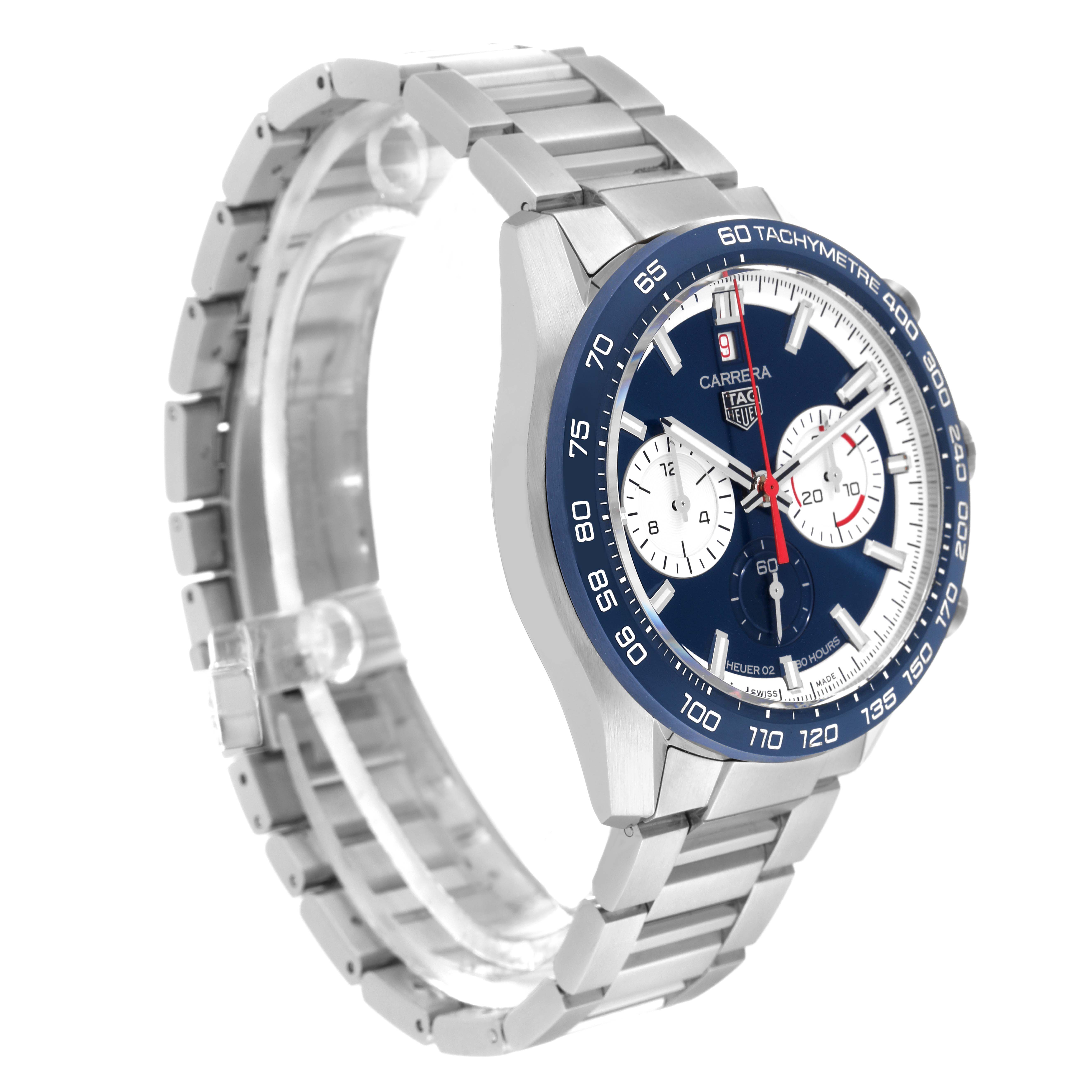 The image shows a 3/4 angle view of the Tag Heuer Carrera CBN2A1E.BA0643 Men
s Stainless Steel Blue Dial CBN2A1E.BA0643 Men
s Stainless Steel Blue Dial watch, highlighting its face, bezel, and stainless steel bracelet.
