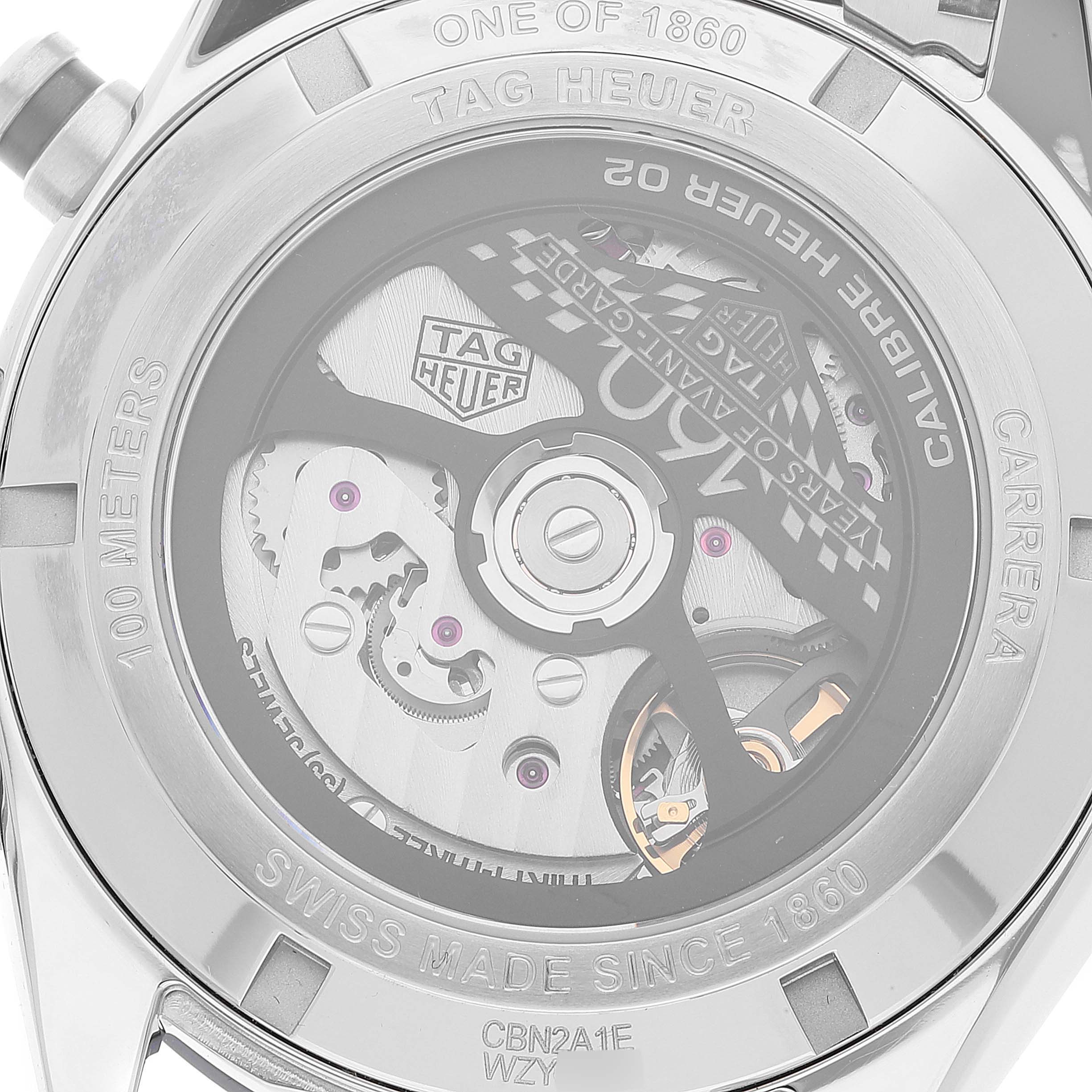 The image shows the back of a Tag Heuer Carrera CBN2A1E.BA0643 Men
s Stainless Steel Blue Dial CBN2A1E.BA0643 Men
s Stainless Steel Blue Dial watch, highlighting the movement and internal mechanisms.