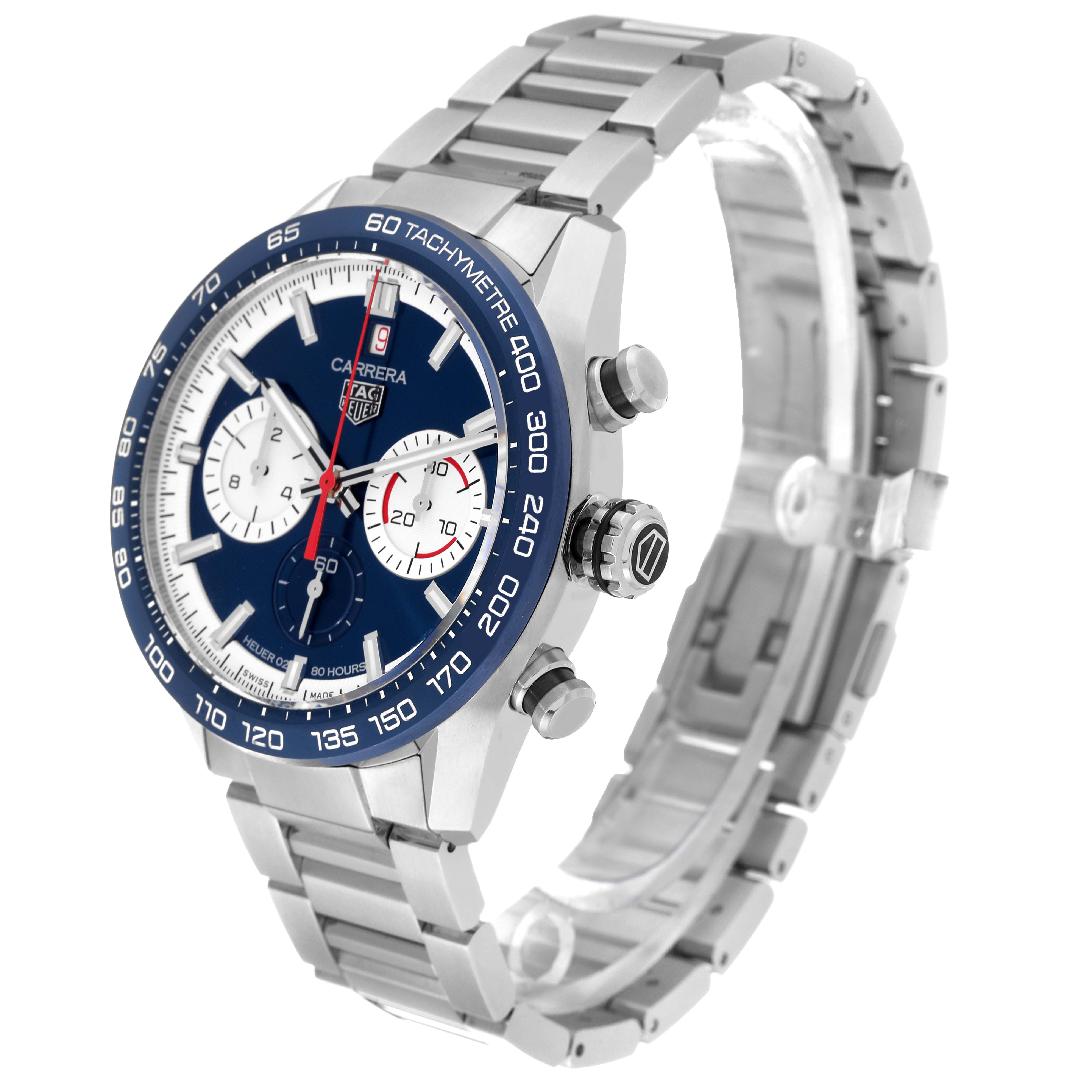 This image shows a side-angle view of the Tag Heuer Carrera CBN2A1E.BA0643 Men
s Stainless Steel Blue Dial CBN2A1E.BA0643 Men
s Stainless Steel Blue Dial watch, highlighting the watch face, crown, pushers, and metal bracelet.