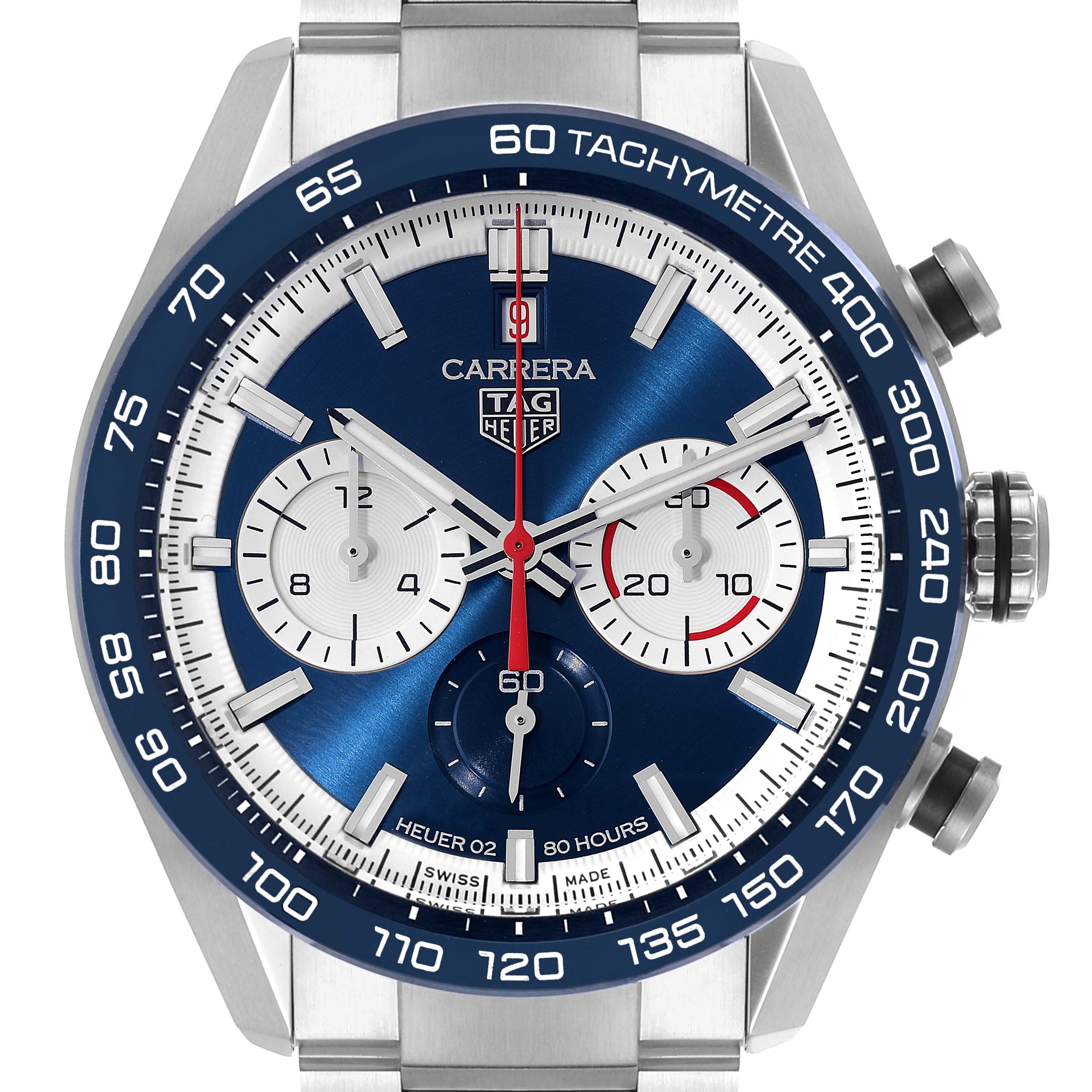 The image shows a front view of the Tag Heuer Carrera CBN2A1E.BA0643 Men
s Stainless Steel Blue Dial CBN2A1E.BA0643 Men
s Stainless Steel Blue Dial watch with its blue dial and chronograph features.