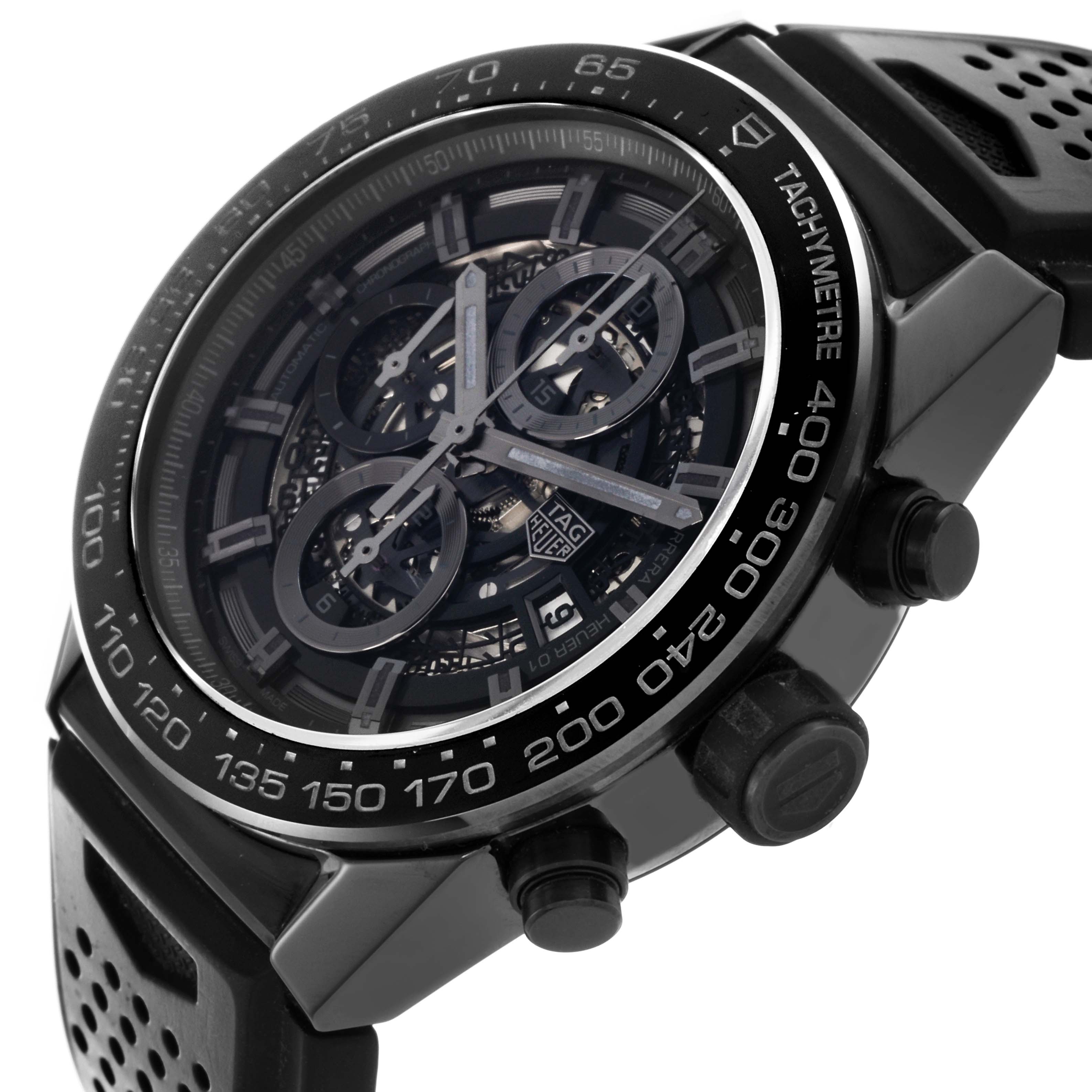 The Tag Heuer Carrera CAR2A90.FT6071 Men's Ceramic Black Dial CAR2A90.FT6071 Men's Ceramic Black Dial watch is shown at an angle highlighting its intricate dial, tachymeter bezel, and pushers.