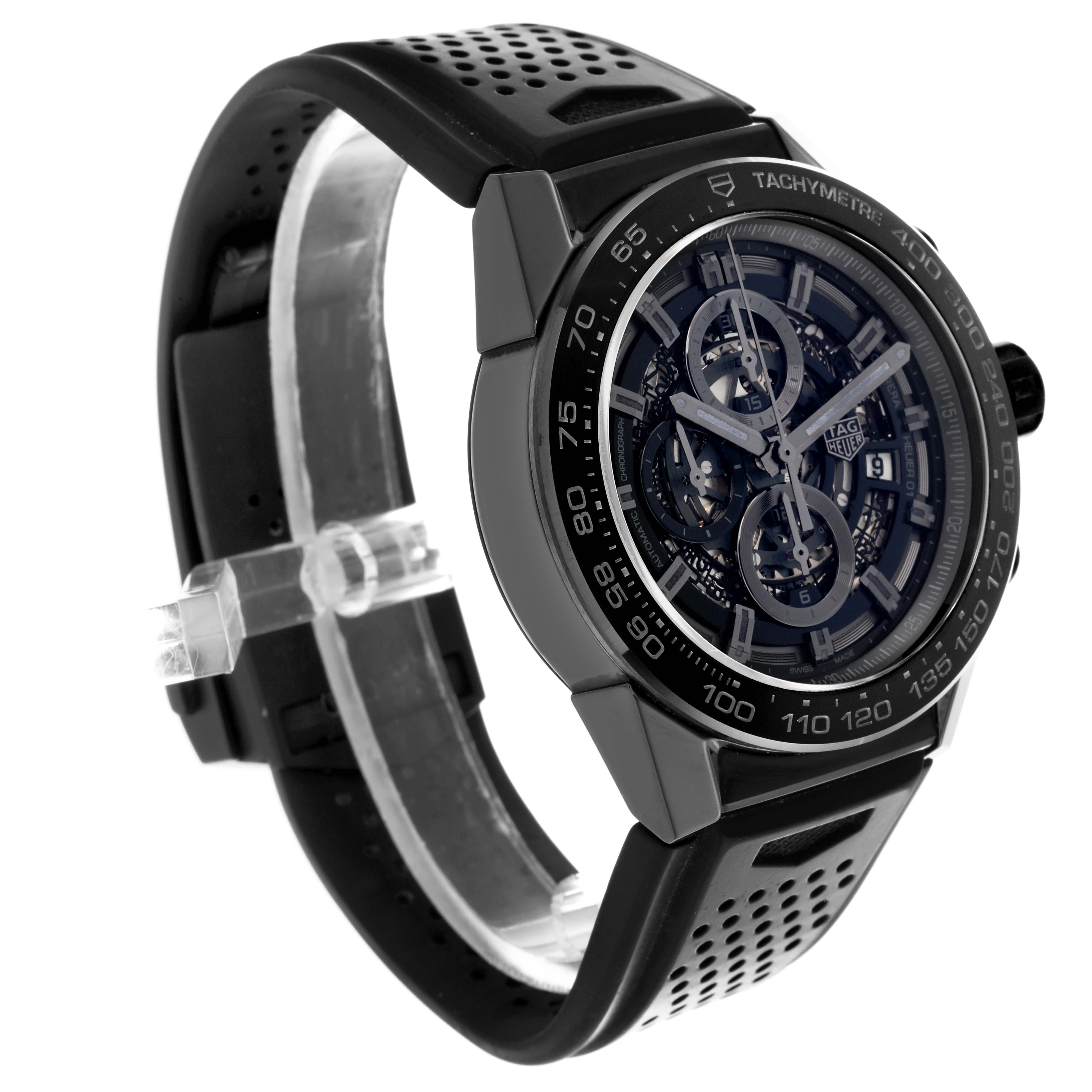 The Tag Heuer Carrera CAR2A90.FT6071 Men's Ceramic Black Dial CAR2A90.FT6071 Men's Ceramic Black Dial watch is shown at an angle highlighting the face, band, and tachymeter bezel.