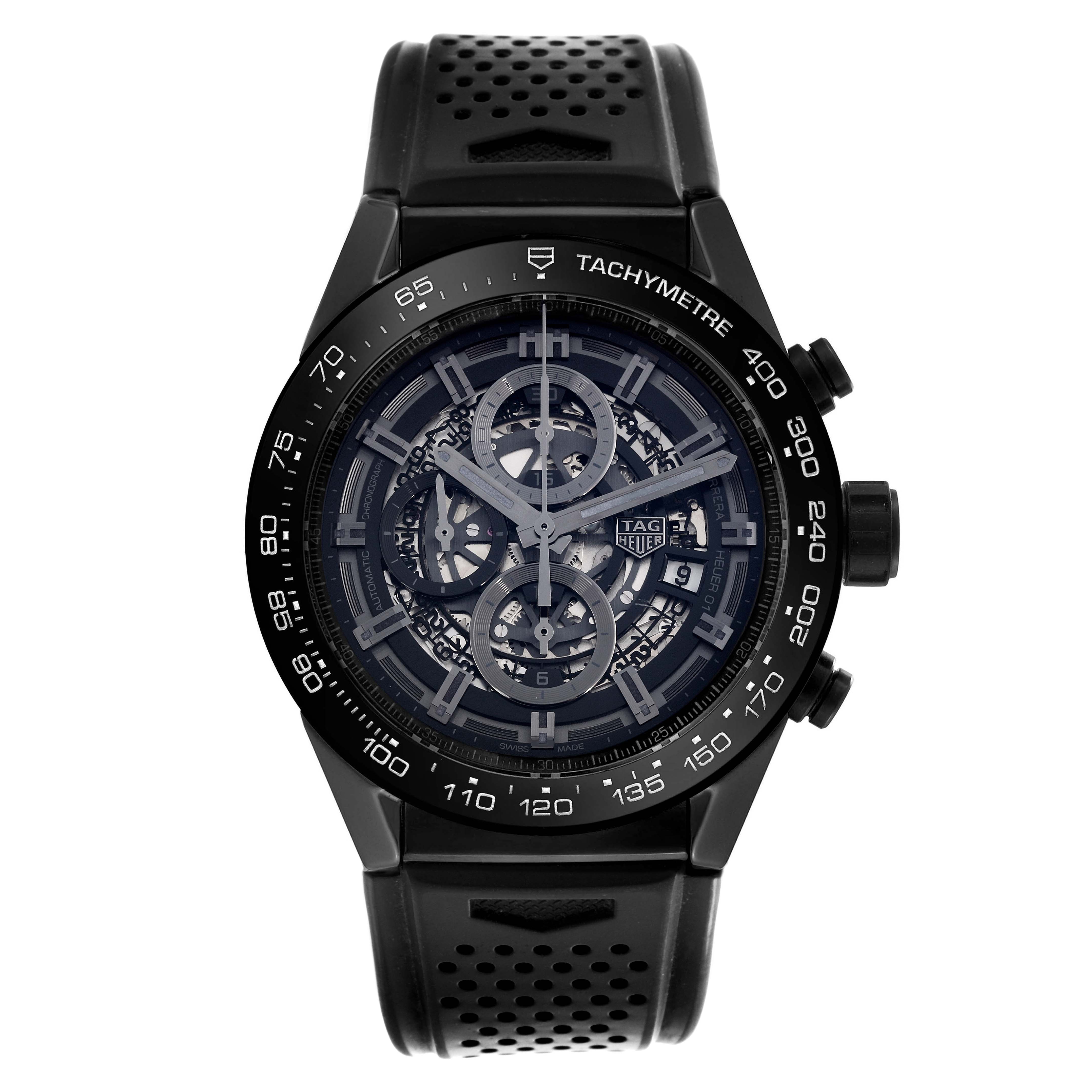 The Tag Heuer Carrera CAR2A90.FT6071 Men's Ceramic Black Dial CAR2A90.FT6071 Men's Ceramic Black Dial watch is shown from the front, displaying its intricate dial and tachymeter bezel.