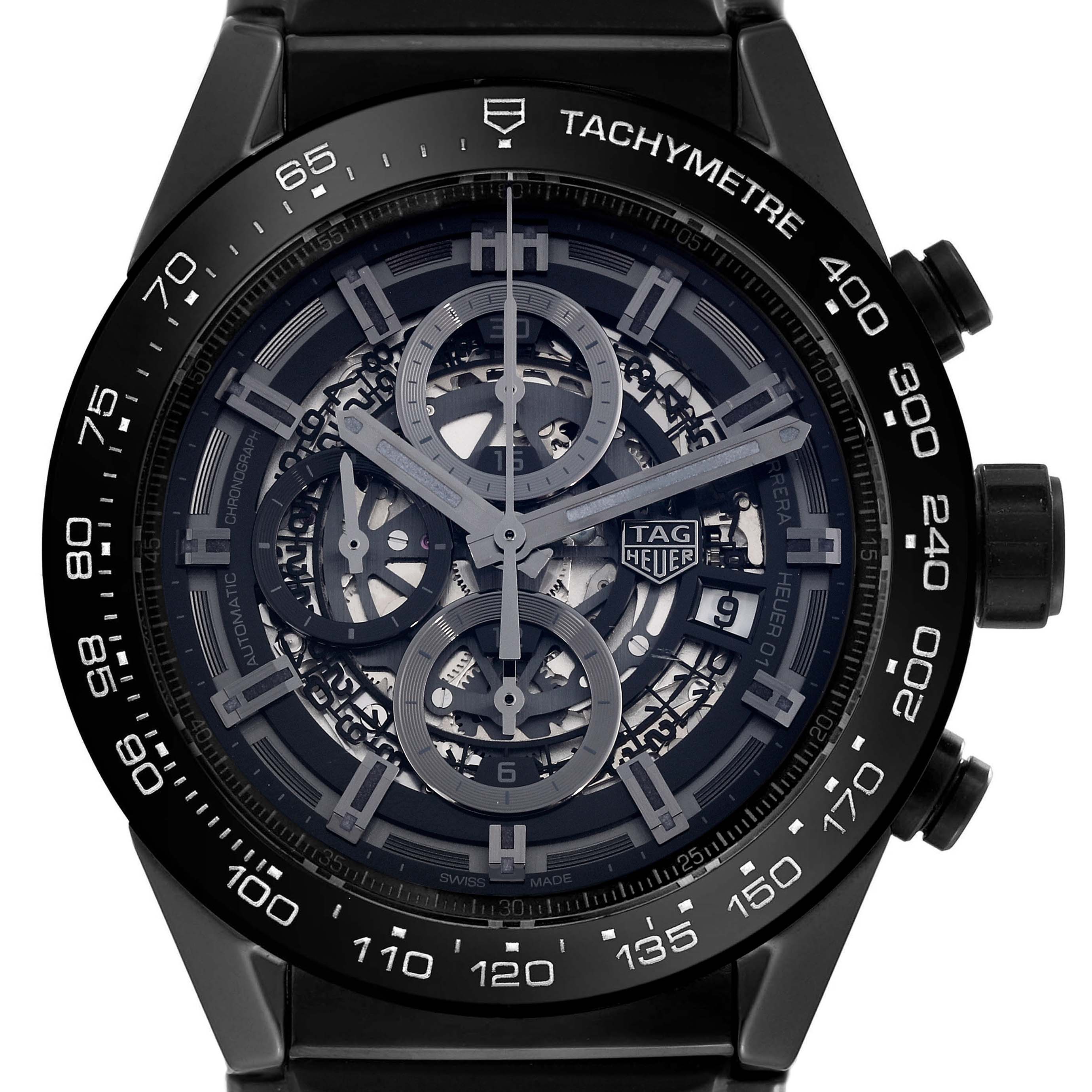 The Tag Heuer Carrera CAR2A90.FT6071 Men's Ceramic Black Dial CAR2A90.FT6071 Men's Ceramic Black Dial watch is shown from a front angle, highlighting its face, tachymetre, and mechanical details.