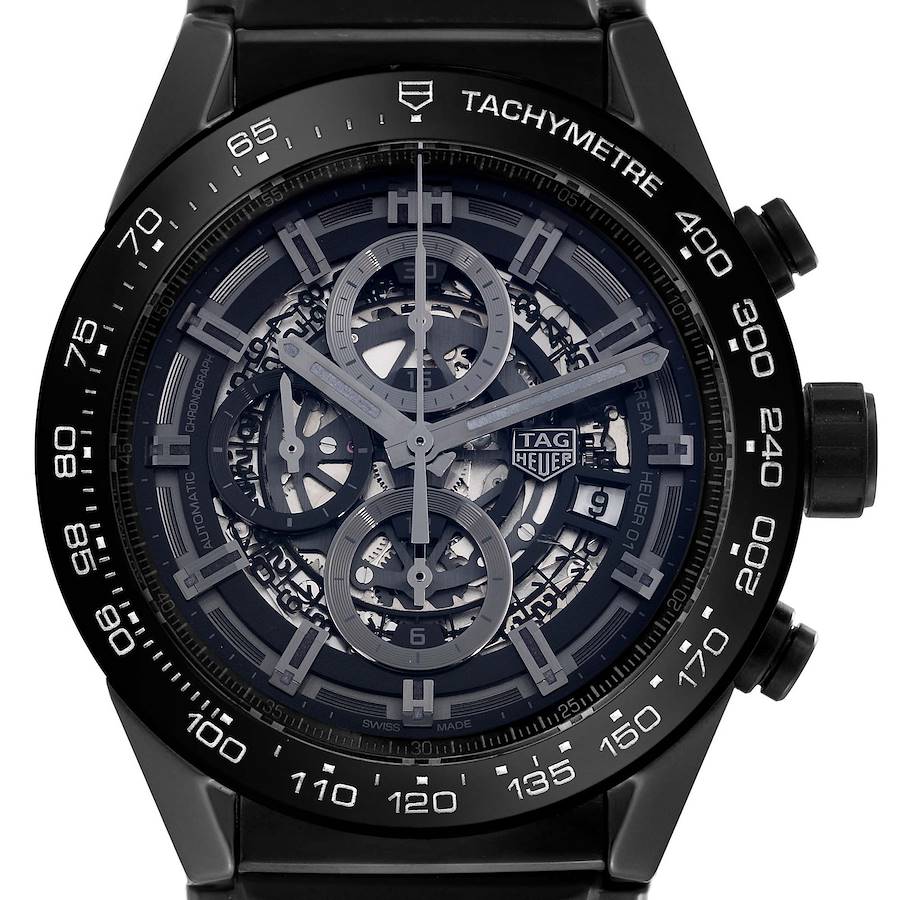 The Tag Heuer Carrera watch is shown from a front angle, highlighting its face, tachymetre, and mechanical details.