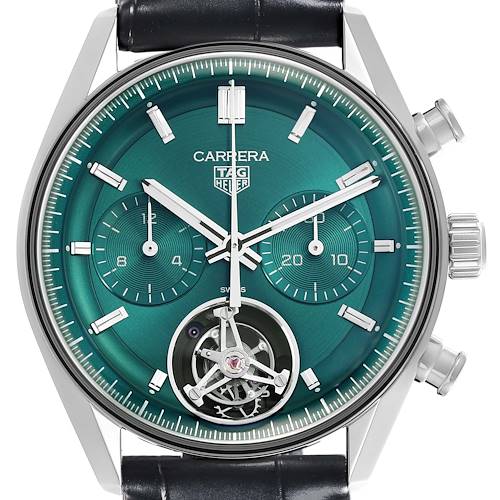 The image shows a frontal view of the Tag Heuer Carrera watch, highlighting the dial, subdials, and crown.