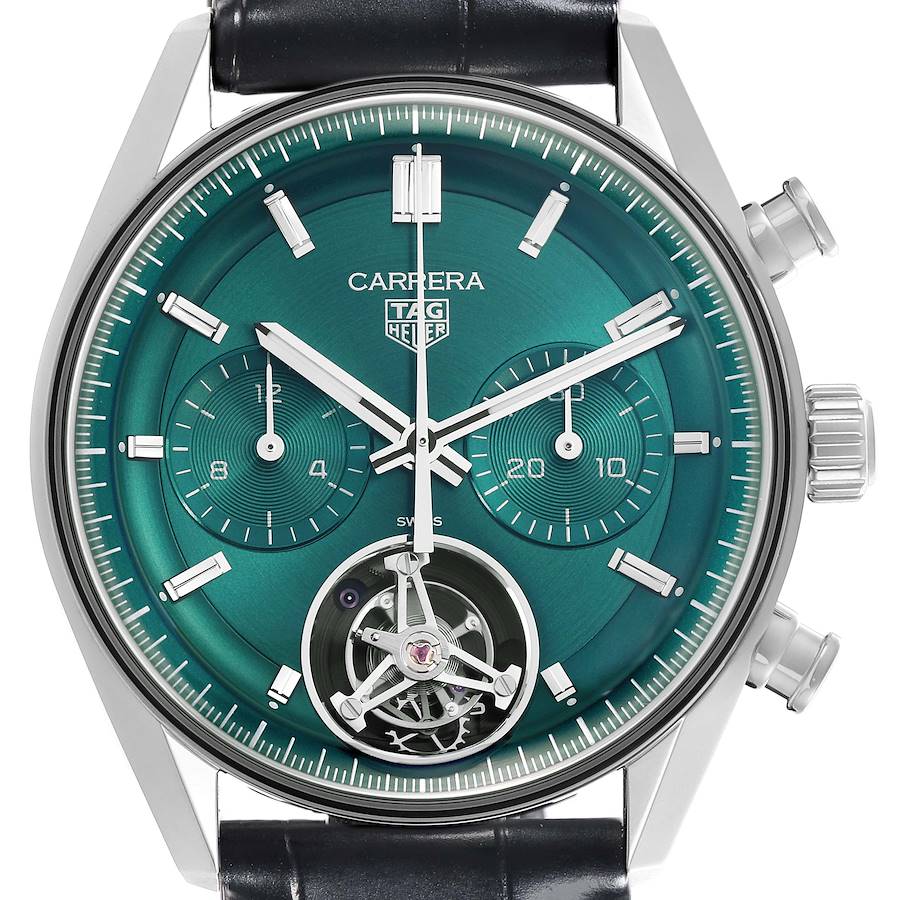 This image shows a frontal view of the Tag Heuer Carrera watch's green dial, subdials, crown, and tourbillon.