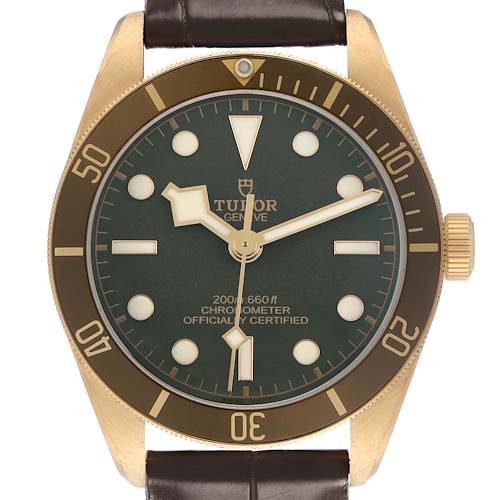 The Tudor Heritage Black Bay M79018V-0001 Men's Yellow Gold Green Dial watch is shown from the front, highlighting the dial, bezel, crown, and part of the strap.