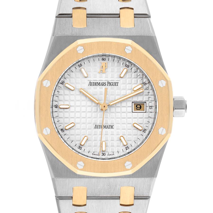 The image shows a front view of the Audemars Piguet Royal Oak, highlighting its octagonal bezel, dial, and integrated bracelet.