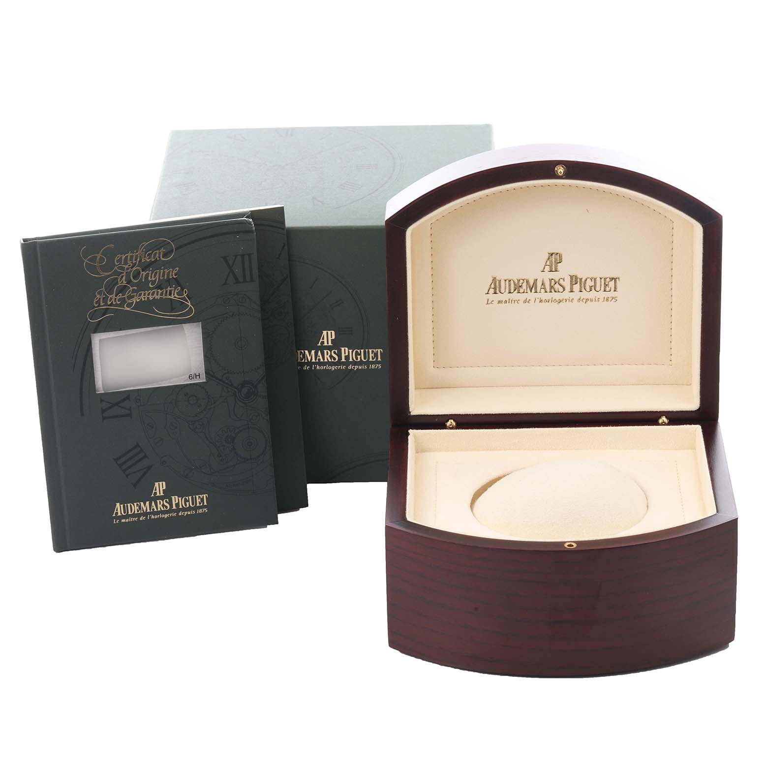 The image shows an open presentation box and certificate for the Audemars Piguet Royal Oak 15000SA/O/0789SA/07 Men's Steel and Gold (two tone) White Dial 15000SA/O/0789SA/07 Men's Steel and Gold (two tone) White Dial watch.