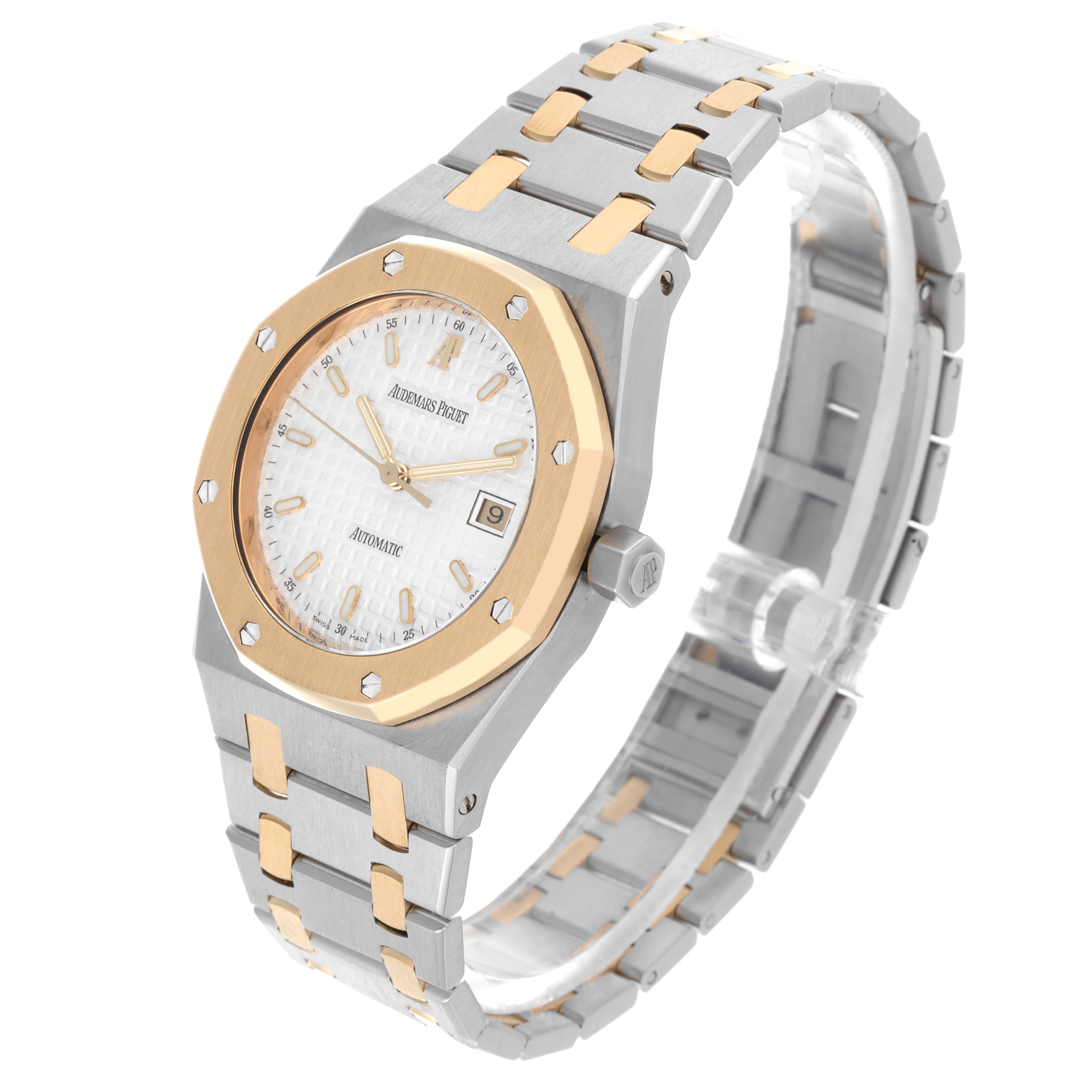 The image shows an Audemars Piguet Royal Oak 15000SA/O/0789SA/07 Men's Steel and Gold (two tone) White Dial 15000SA/O/0789SA/07 Men's Steel and Gold (two tone) White Dial watch at a three-quarter angle, highlighting the octagonal bezel, dial, and two-tone bracelet.