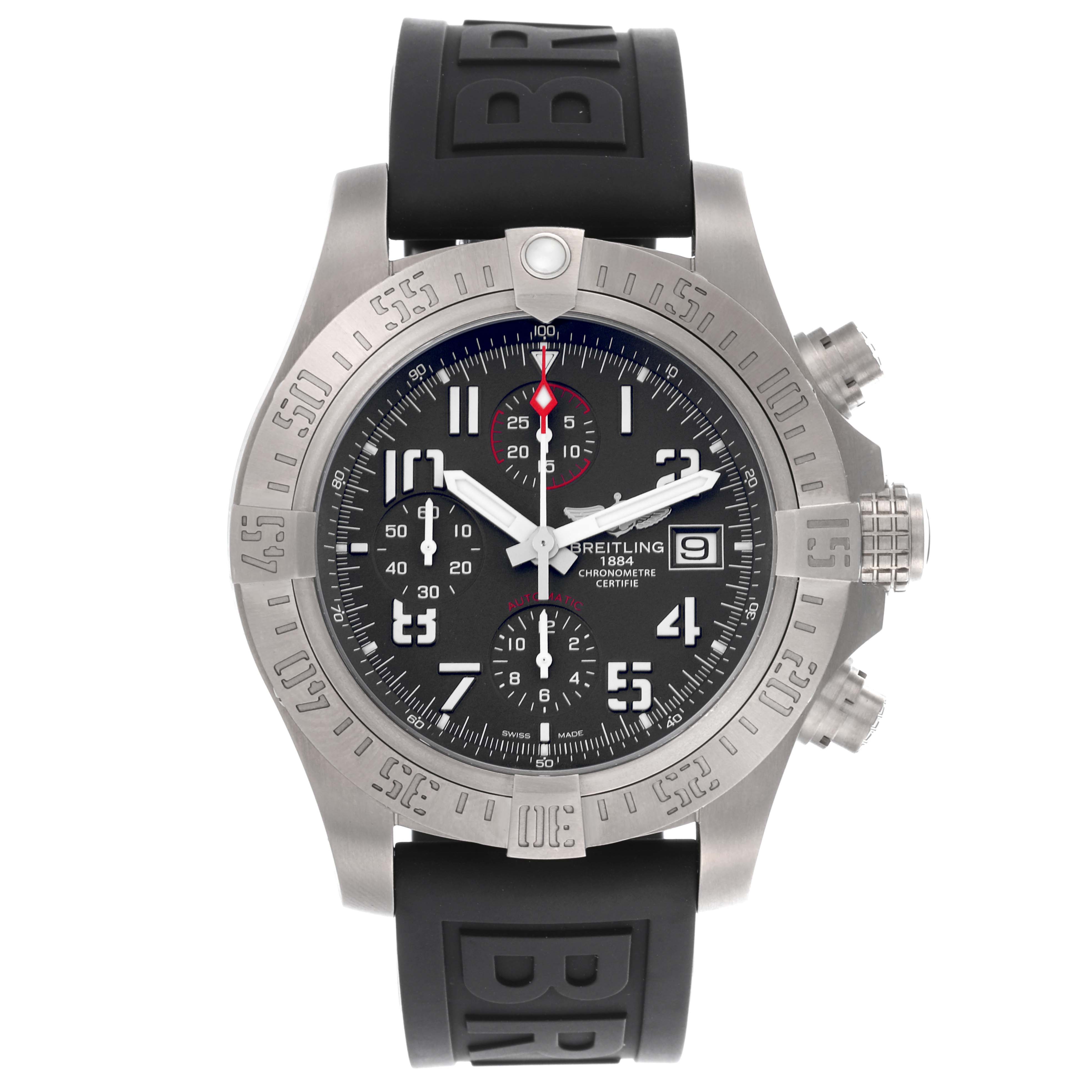 The Breitling Avenger E1338310/M536-109W Men's Titanium Grey Dial E1338310/M536-109W Men's Titanium Grey Dial watch is shown from a front angle, displaying the dial, bezel, crown, pushers, and rubber strap.