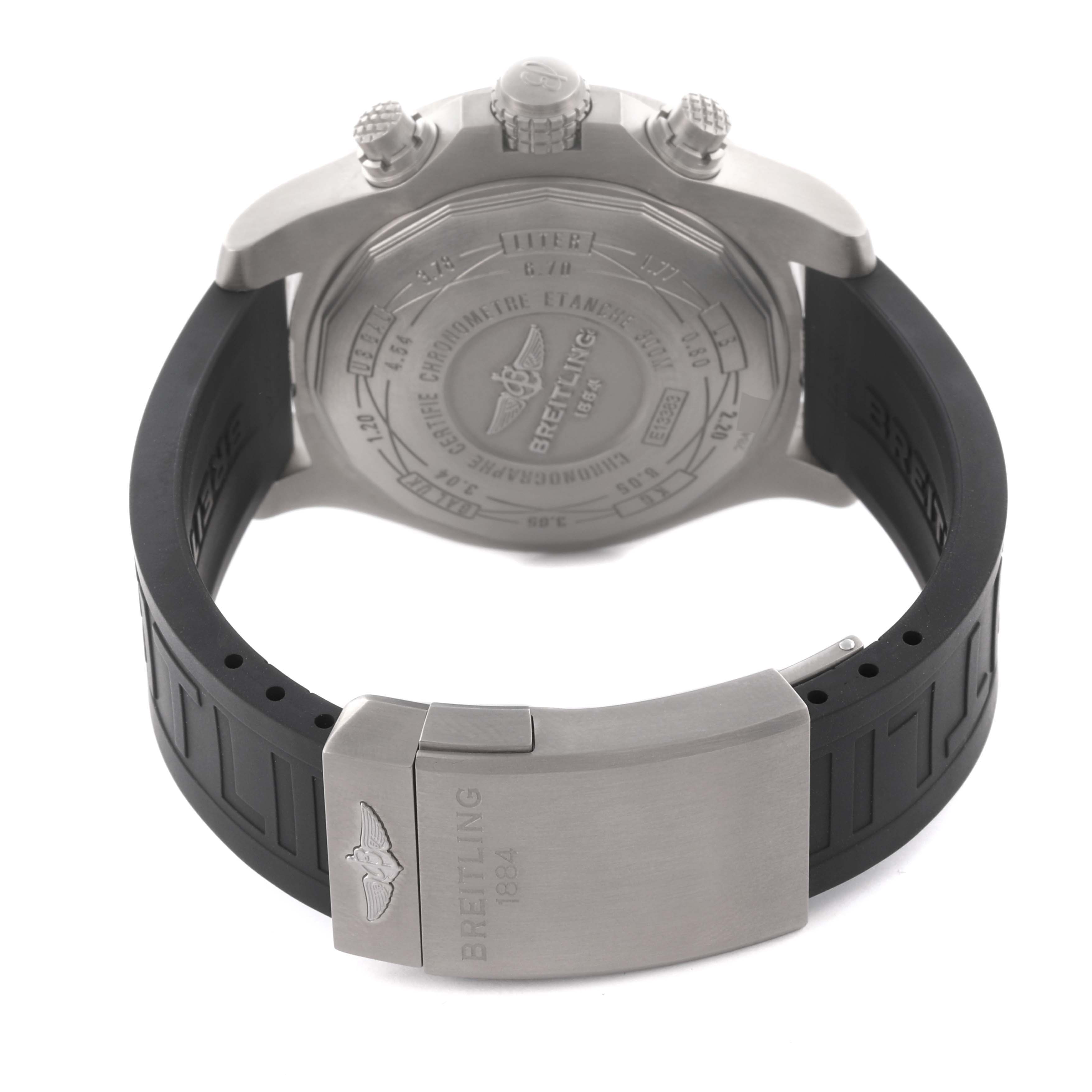 The image shows the back and clasp of the Breitling Avenger E1338310/M536-109W Men's Titanium Grey Dial E1338310/M536-109W Men's Titanium Grey Dial watch, highlighting the case back and rubber strap.