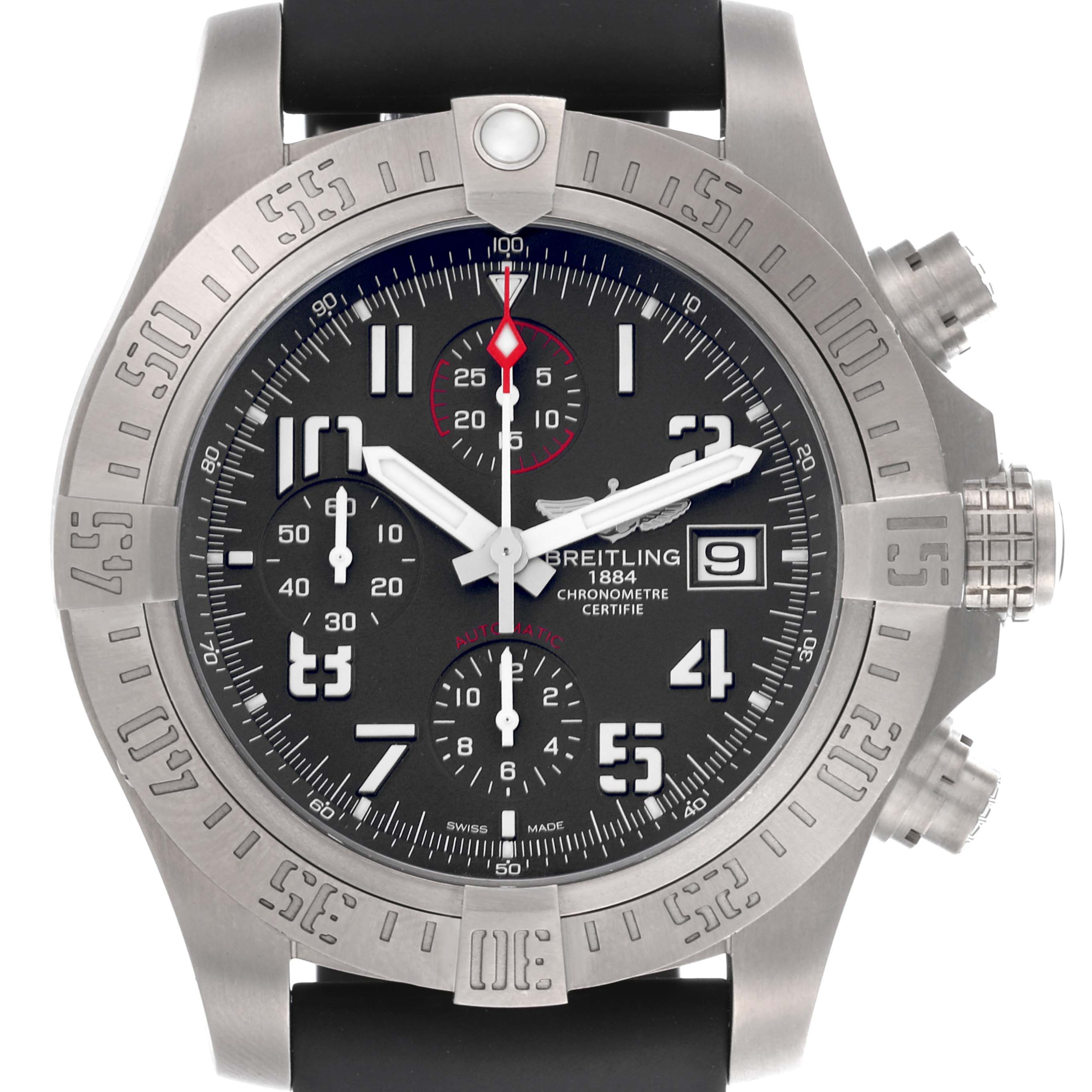 The image shows the Breitling Avenger E1338310/M536-109W Men's Titanium Grey Dial E1338310/M536-109W Men's Titanium Grey Dial watch from a front angle, highlighting the bezel, dial, subdials, and crown.