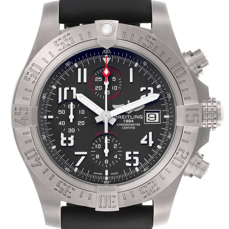 The image shows the Breitling Avenger watch from a front angle, highlighting the bezel, dial, subdials, and crown.