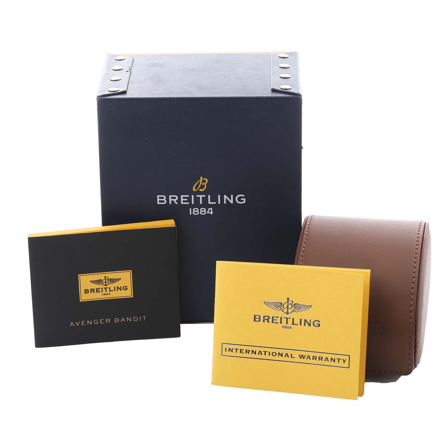 The image shows the packaging, manuals, and warranty card for the Breitling Avenger E1338310/M536-109W Men's Titanium Grey Dial E1338310/M536-109W Men's Titanium Grey Dial model at a slight angled view.