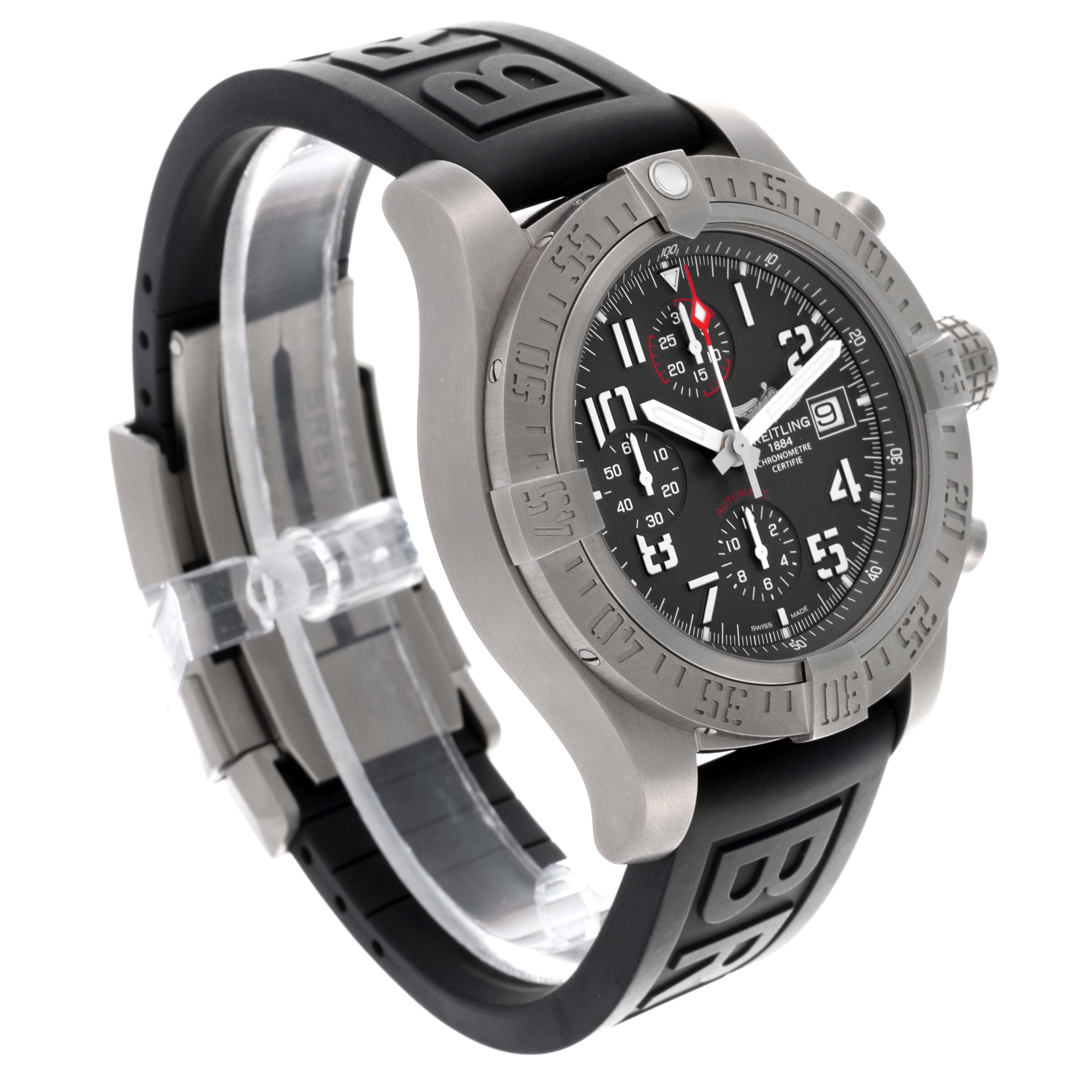 The Breitling Avenger E1338310/M536-109W Men's Titanium Grey Dial E1338310/M536-109W Men's Titanium Grey Dial watch is shown at a three-quarter angle, highlighting the bezel, dial, and rubber strap.