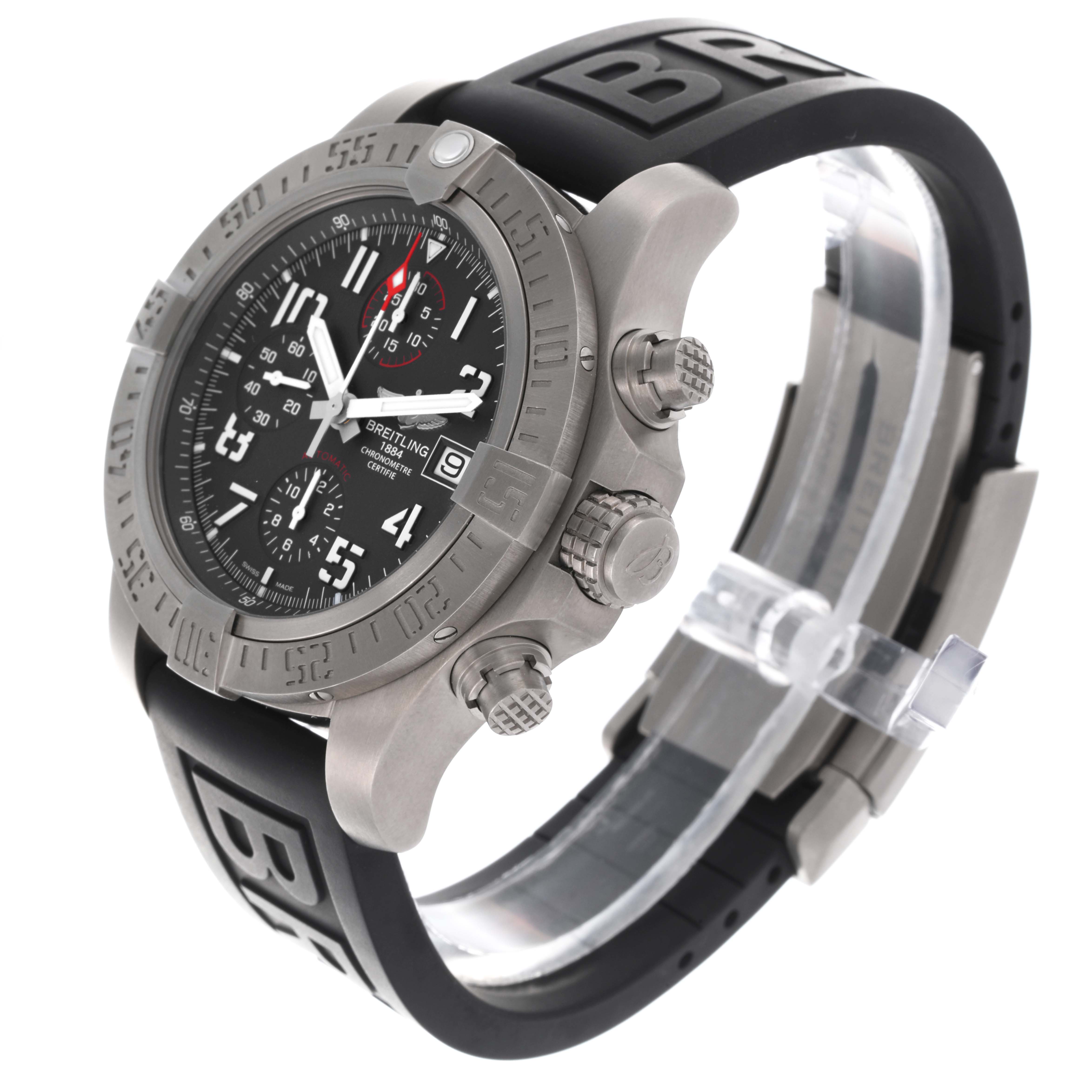 The Breitling Avenger E1338310/M536-109W Men's Titanium Grey Dial E1338310/M536-109W Men's Titanium Grey Dial watch is shown at a side angle, displaying its bezel, crown, pushers, and black strap.