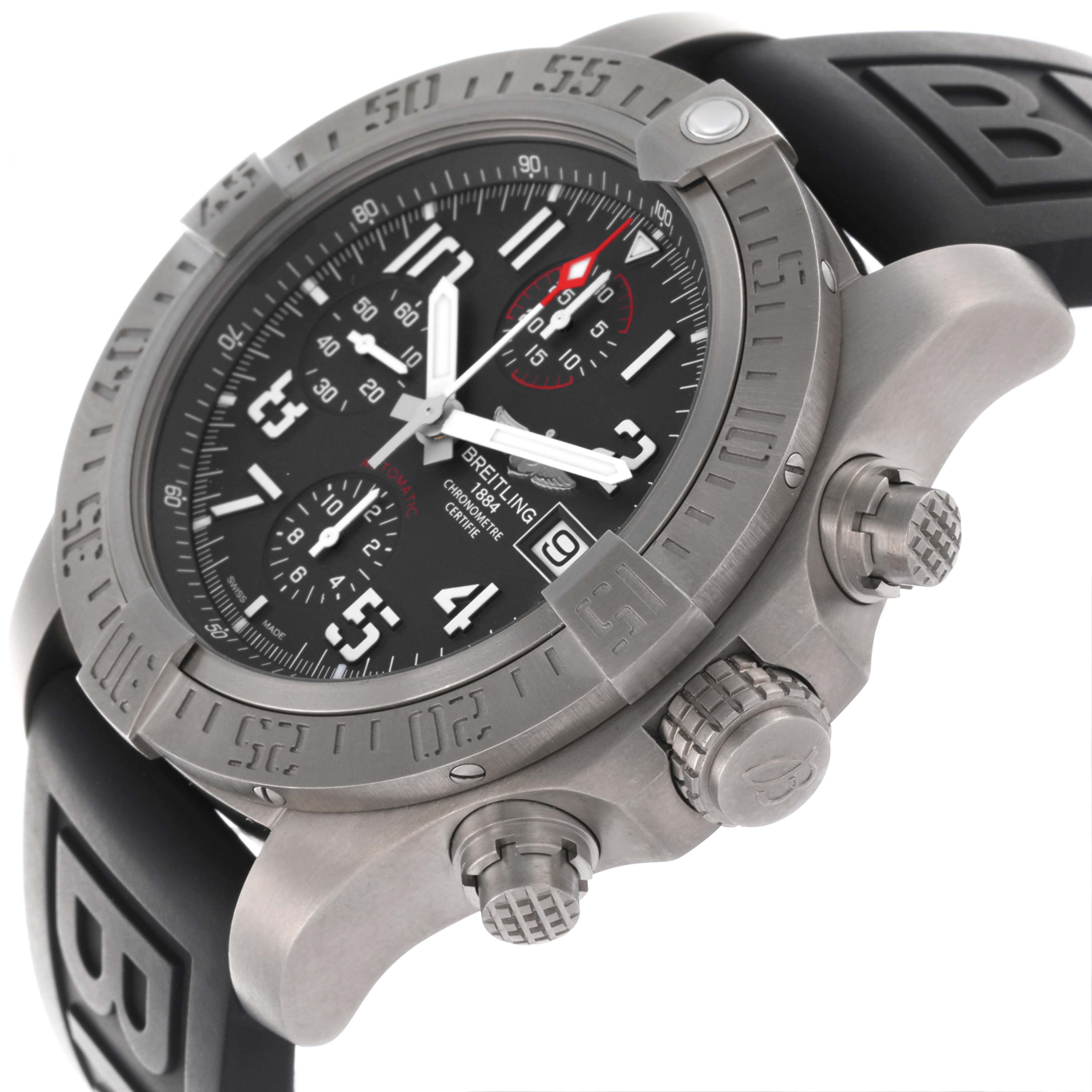 The Breitling Avenger E1338310/M536-109W Men's Titanium Grey Dial E1338310/M536-109W Men's Titanium Grey Dial watch is shown at an angle highlighting the bezel, chronograph dials, and pushers on the side.