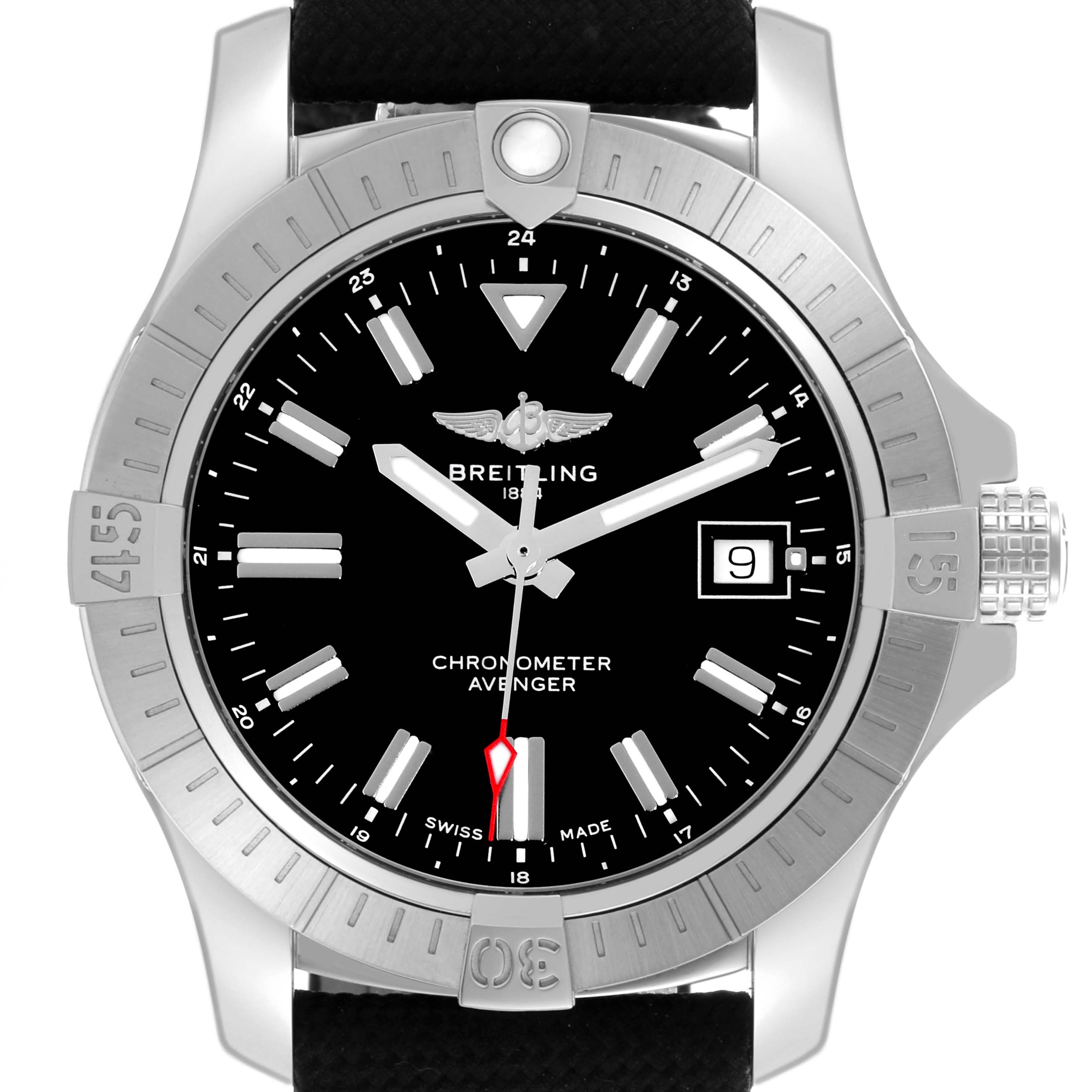 The image shows a front view of the Breitling Avenger A17318 Men's Stainless Steel Black Dial A17318 Men's Stainless Steel Black Dial watch, highlighting its bezel, dial, hands, and date window.
