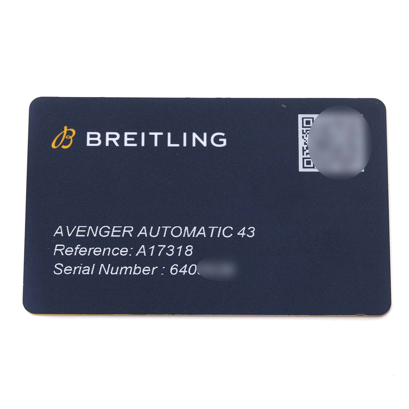 The image shows a Breitling Avenger A17318 Men's Stainless Steel Black Dial A17318 Men's Stainless Steel Black Dial Automatic 43 warranty card with reference and serial number details.