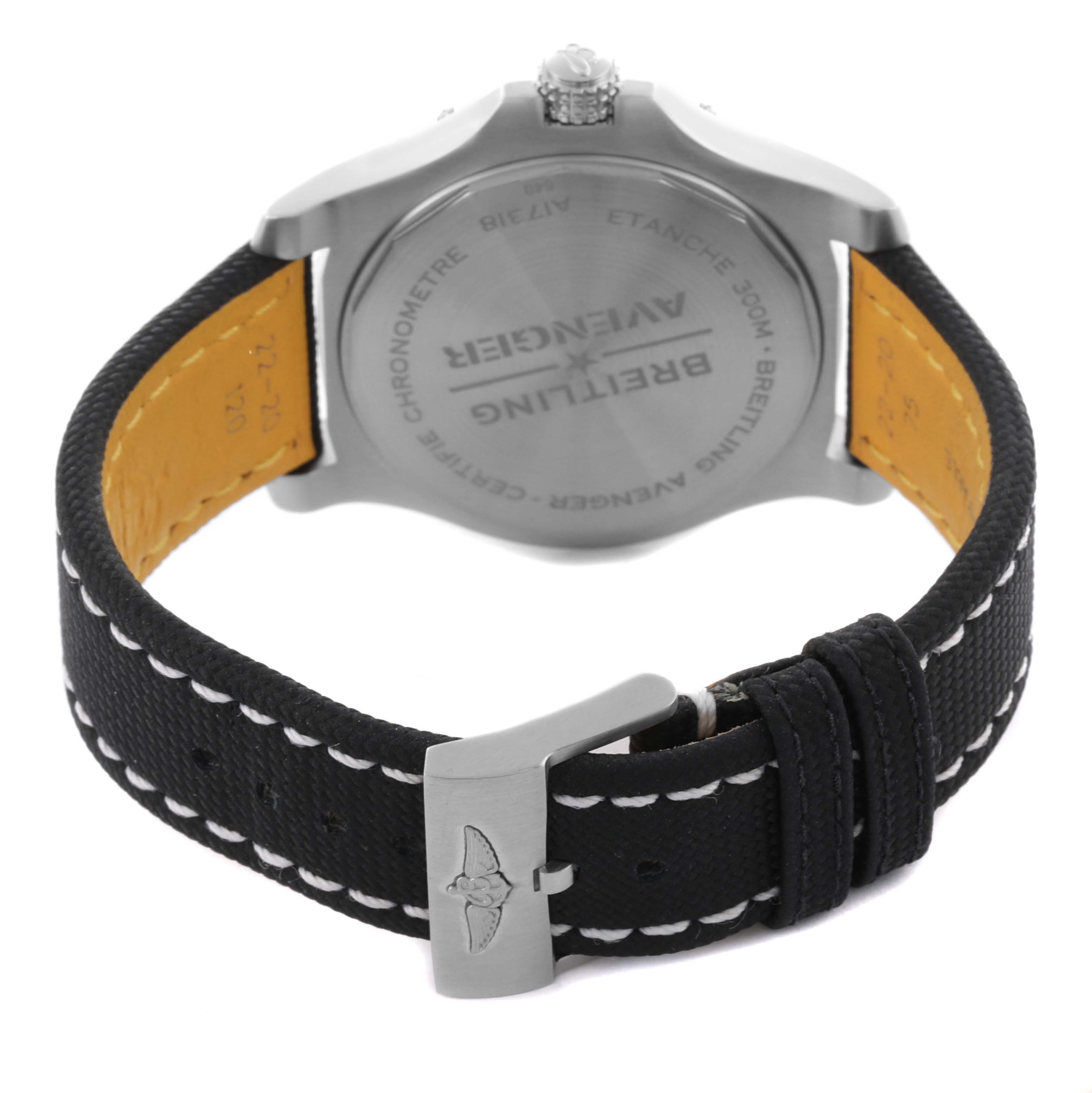 The Breitling Avenger A17318 Men's Stainless Steel Black Dial A17318 Men's Stainless Steel Black Dial watch is shown from the back, highlighting the case back, crown, and black strap with a buckle.