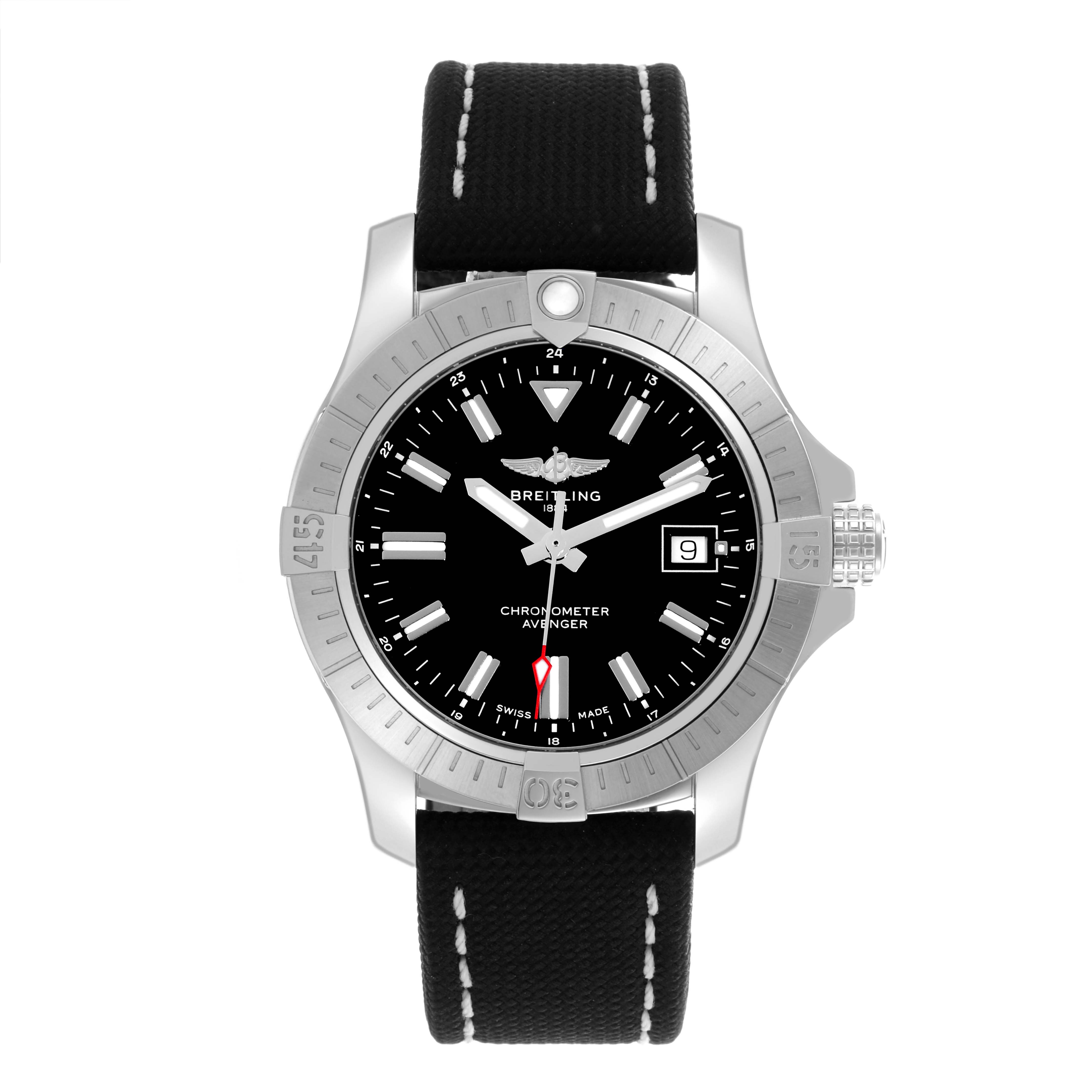 The Breitling Avenger A17318 Men's Stainless Steel Black Dial A17318 Men's Stainless Steel Black Dial watch is shown from a top-down angle, highlighting its black dial, stainless steel bezel, and black strap.