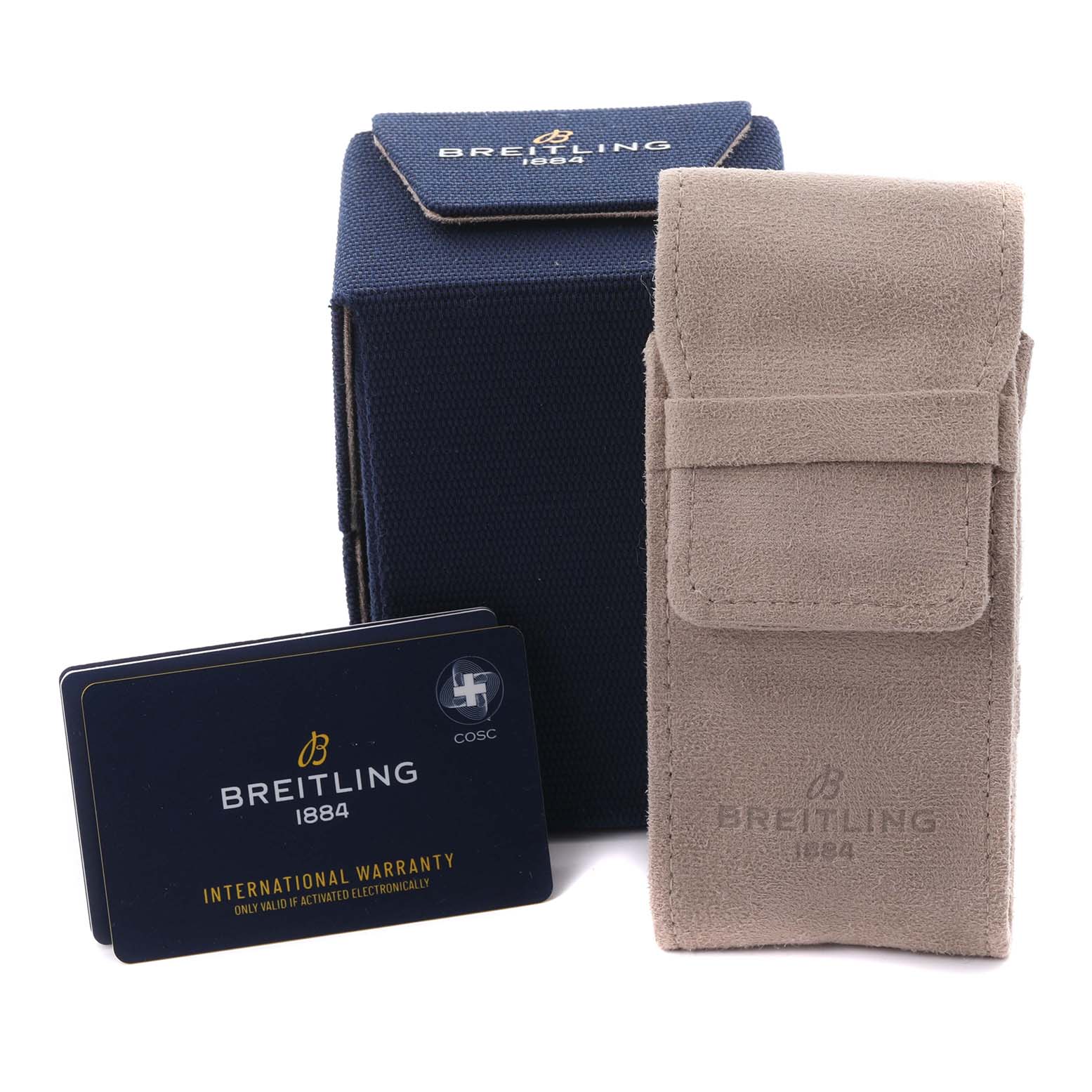 The image shows the packaging accessories for the Breitling Avenger A17318 Men's Stainless Steel Black Dial A17318 Men's Stainless Steel Black Dial, including a blue box, a suede pouch, and warranty cards.