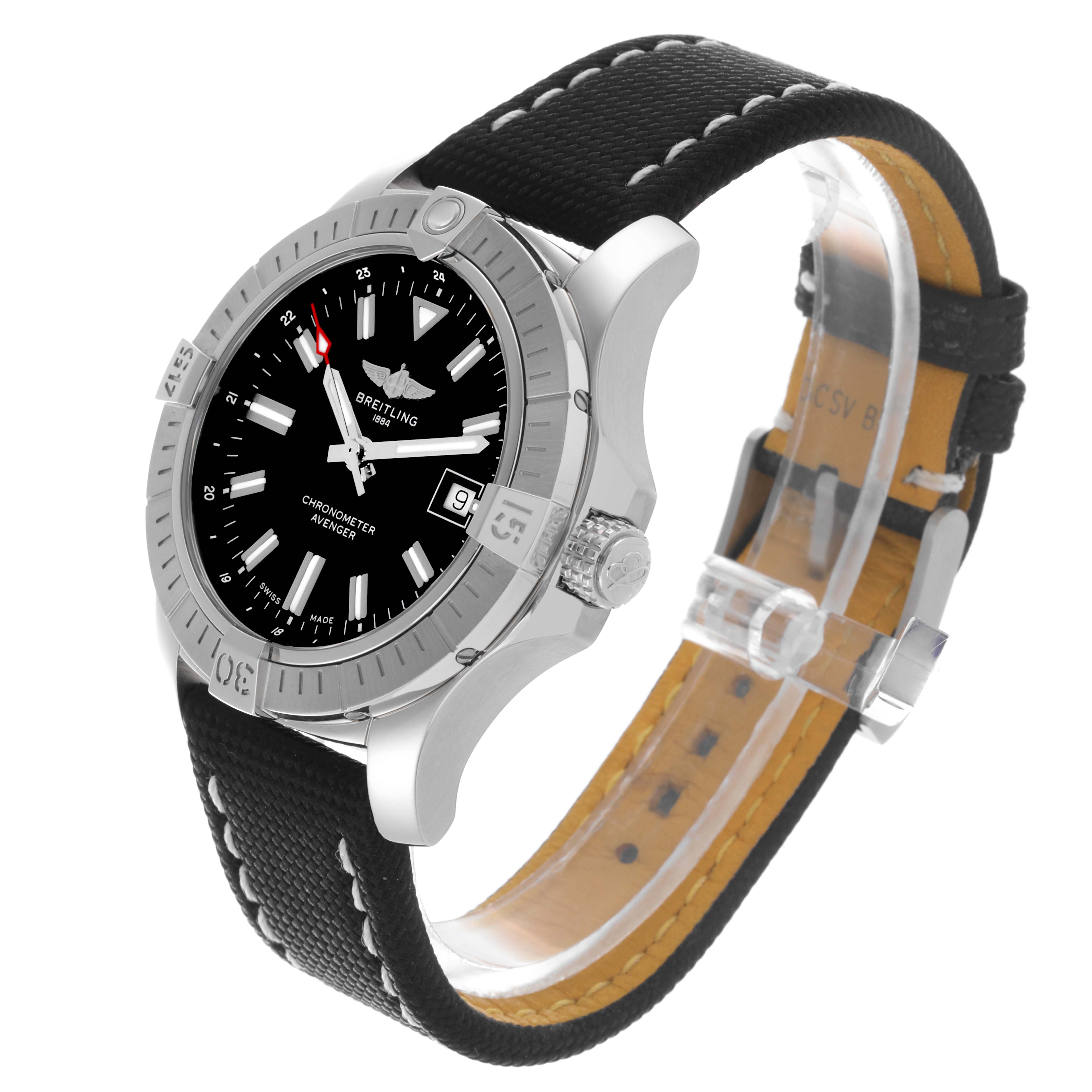 The Breitling Avenger A17318 Men's Stainless Steel Black Dial A17318 Men's Stainless Steel Black Dial watch is shown at a slight upper left angle, highlighting the bezel, crown, and strap.