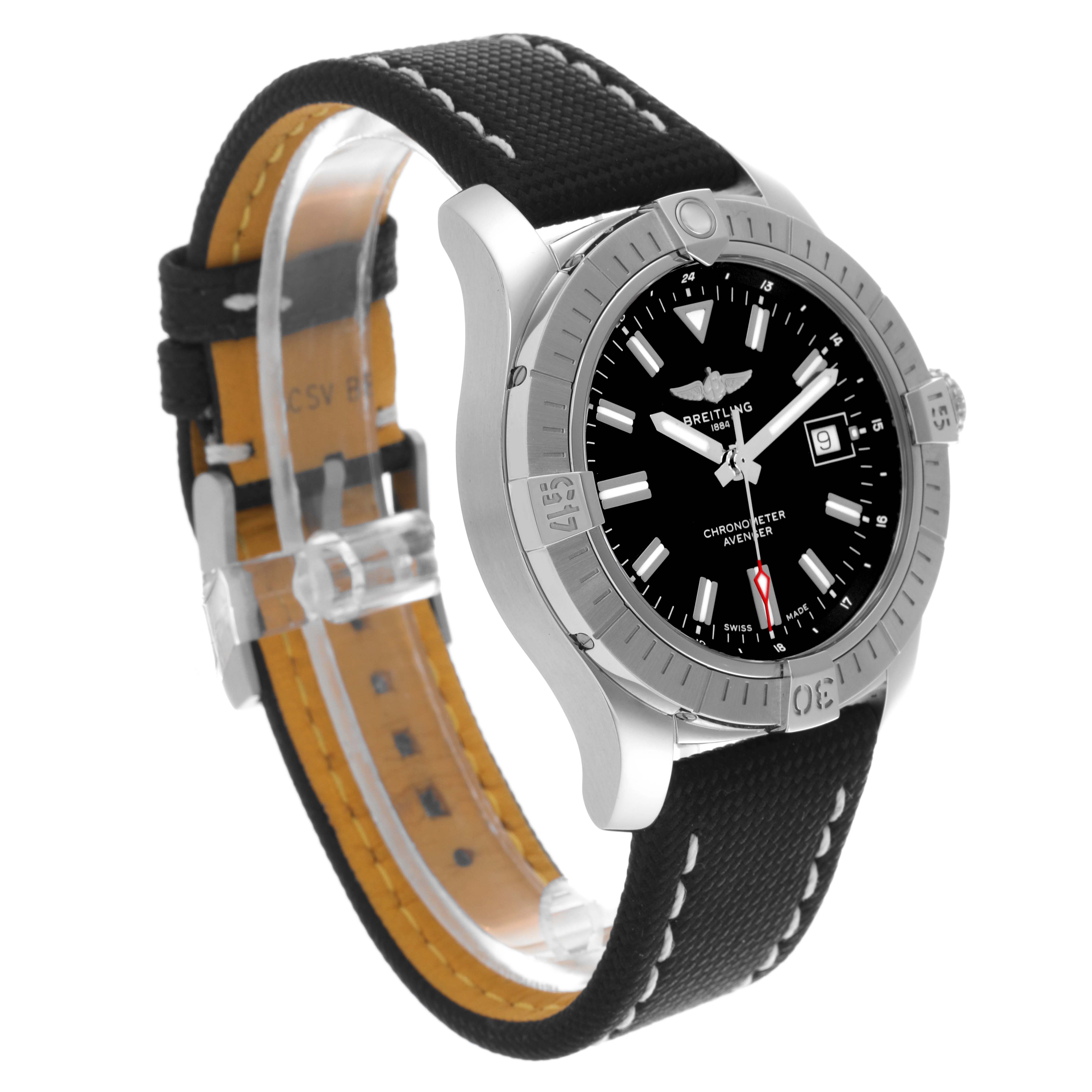 The Breitling Avenger A17318 Men's Stainless Steel Black Dial A17318 Men's Stainless Steel Black Dial watch is shown at an angled side view, highlighting the bezel, dial, and strap details.
