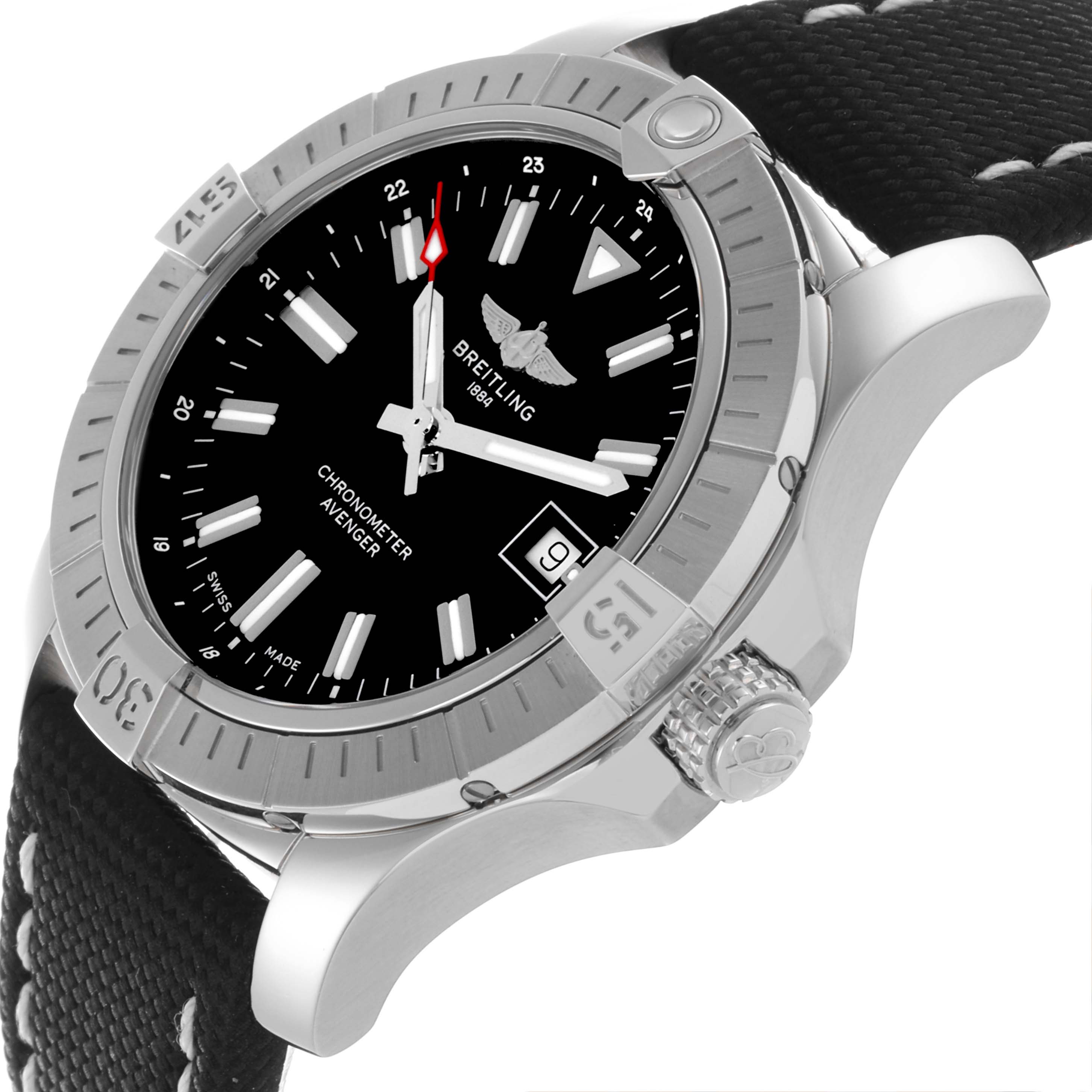 The Breitling Avenger A17318 Men's Stainless Steel Black Dial A17318 Men's Stainless Steel Black Dial watch is shown from an angled side view, highlighting the bezel, crown, and part of the strap.