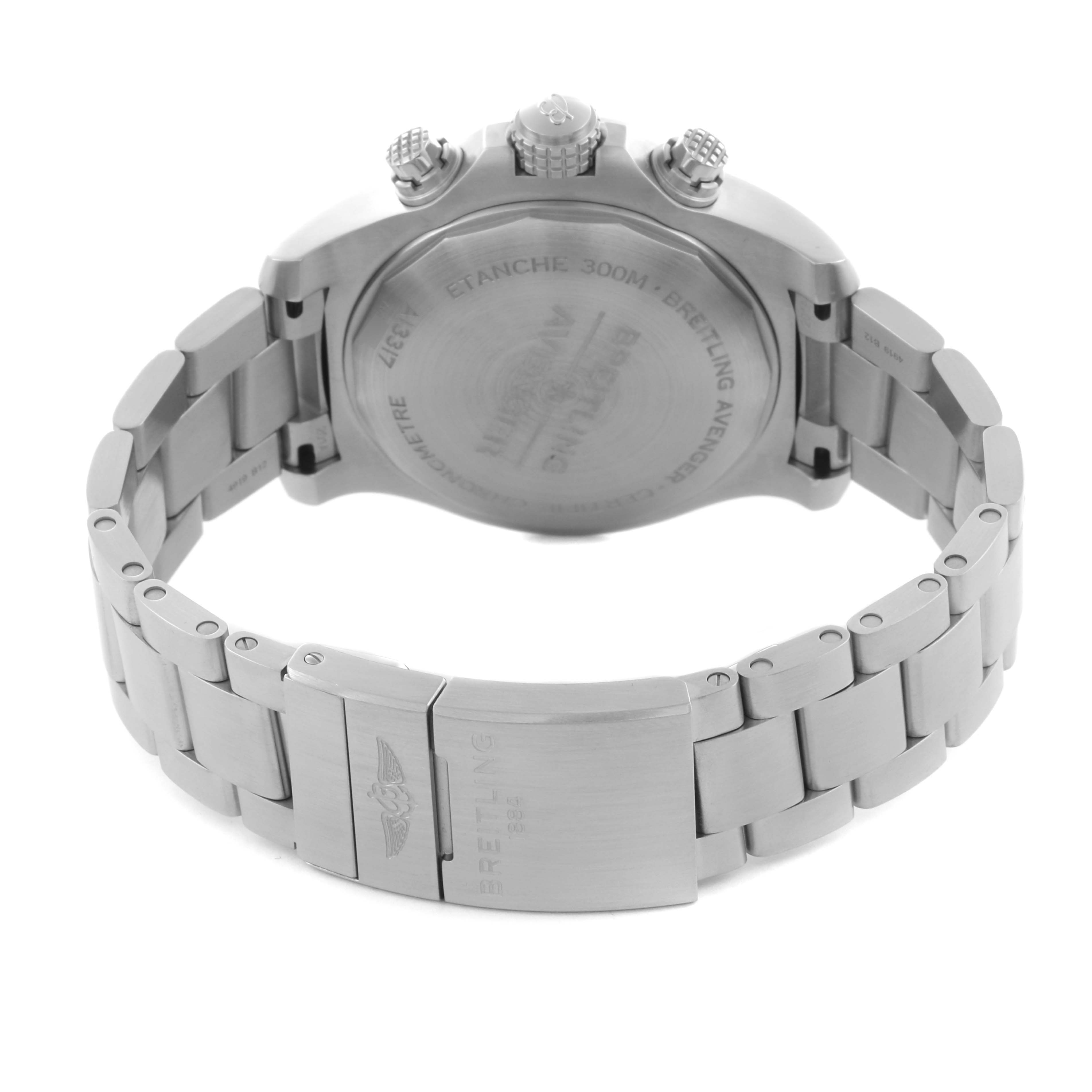 The Breitling Avenger A13317101B1A1 Men's Stainless Steel Black Dial A13317101B1A1 Men's Stainless Steel Black Dial watch is shown from the back, highlighting the case back and stainless steel bracelet.