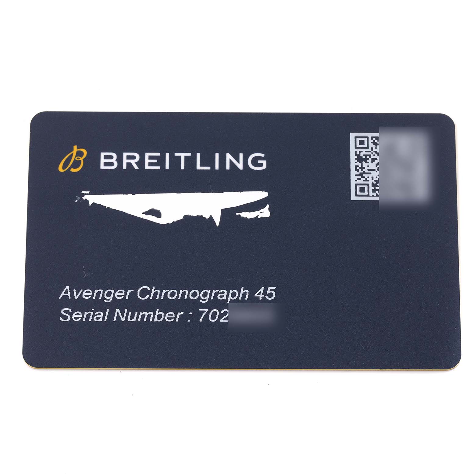 The image shows a Breitling Avenger A13317101B1A1 Men's Stainless Steel Black Dial A13317101B1A1 Men's Stainless Steel Black Dial Chronograph 45 warranty card with branding, a model name, and a partially blurred serial number.