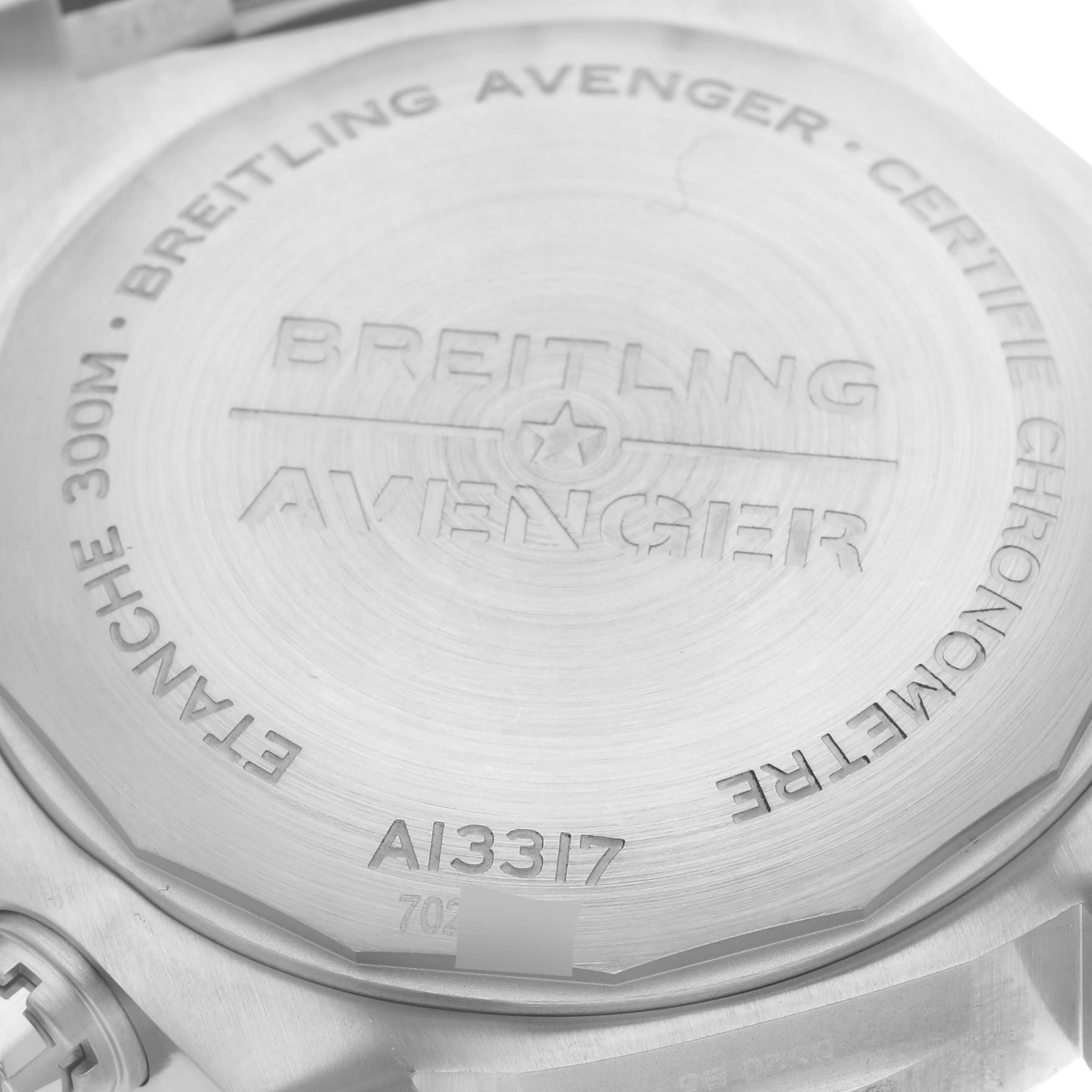 The image shows the case back of the Breitling Avenger A13317101B1A1 Men's Stainless Steel Black Dial A13317101B1A1 Men's Stainless Steel Black Dial watch, featuring engraved branding and model details.